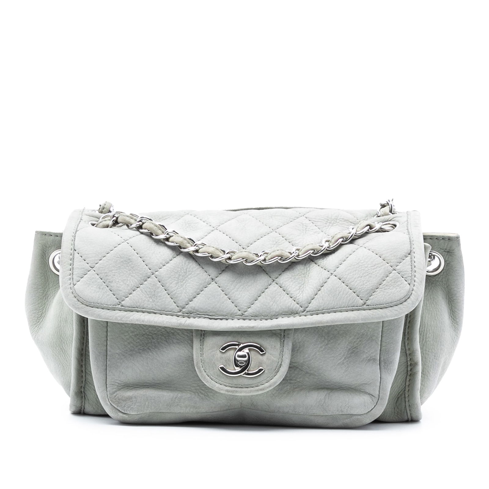 Gray Chanel French Riviera Calfskin Leather Shoulder Bag with CC Turn Lock: Gray Chanel French Riviera Calfskin Leather Shoulder Bag with CC Turn Lock This shoulder bag showcases a gray calfskin leather body with leather-woven chain straps and a leather guard. The design feat