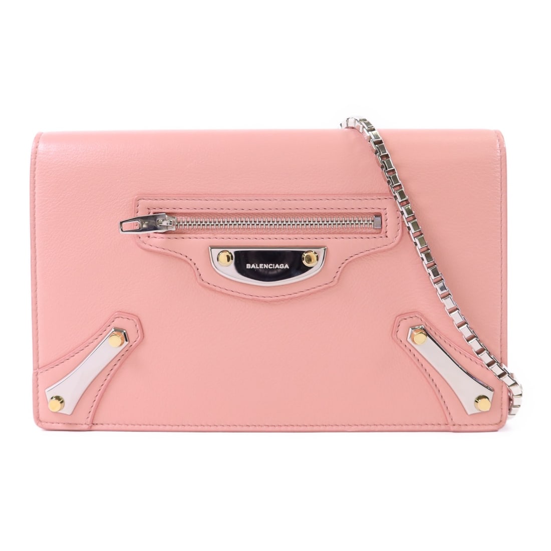 Pink Calfskin Leather Shoulder Bag by Balenciaga with Silver Chain: Pink Calfskin Leather Shoulder Bag by Balenciaga with Silver Chain This Balenciaga shoulder bag features a sleek design crafted from pink calfskin leather. The bag is equipped with silver-tone hardwar