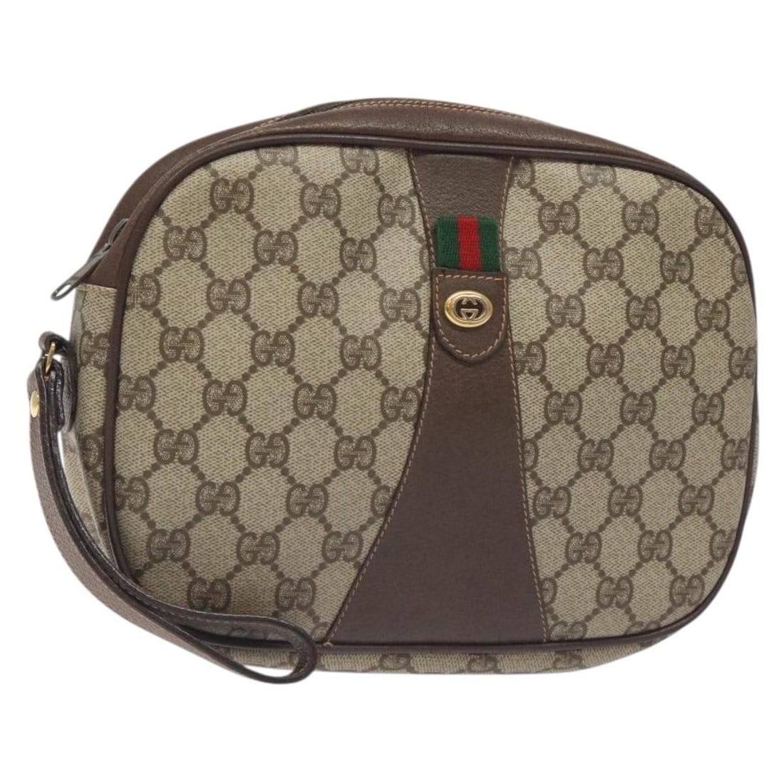 GUCCI GG Supreme Sherry Line Clutch Bag Beige Green Red PVC 156 01 034 Auth: GUCCI GG Supreme Sherry Line Clutch Bag Beige Green Red PVC 156 01 034 Auth This authentic GUCCI GG Supreme Web Sherry Line Clutch Bag is a stylish accessory that showcases the iconic brand's craftsma