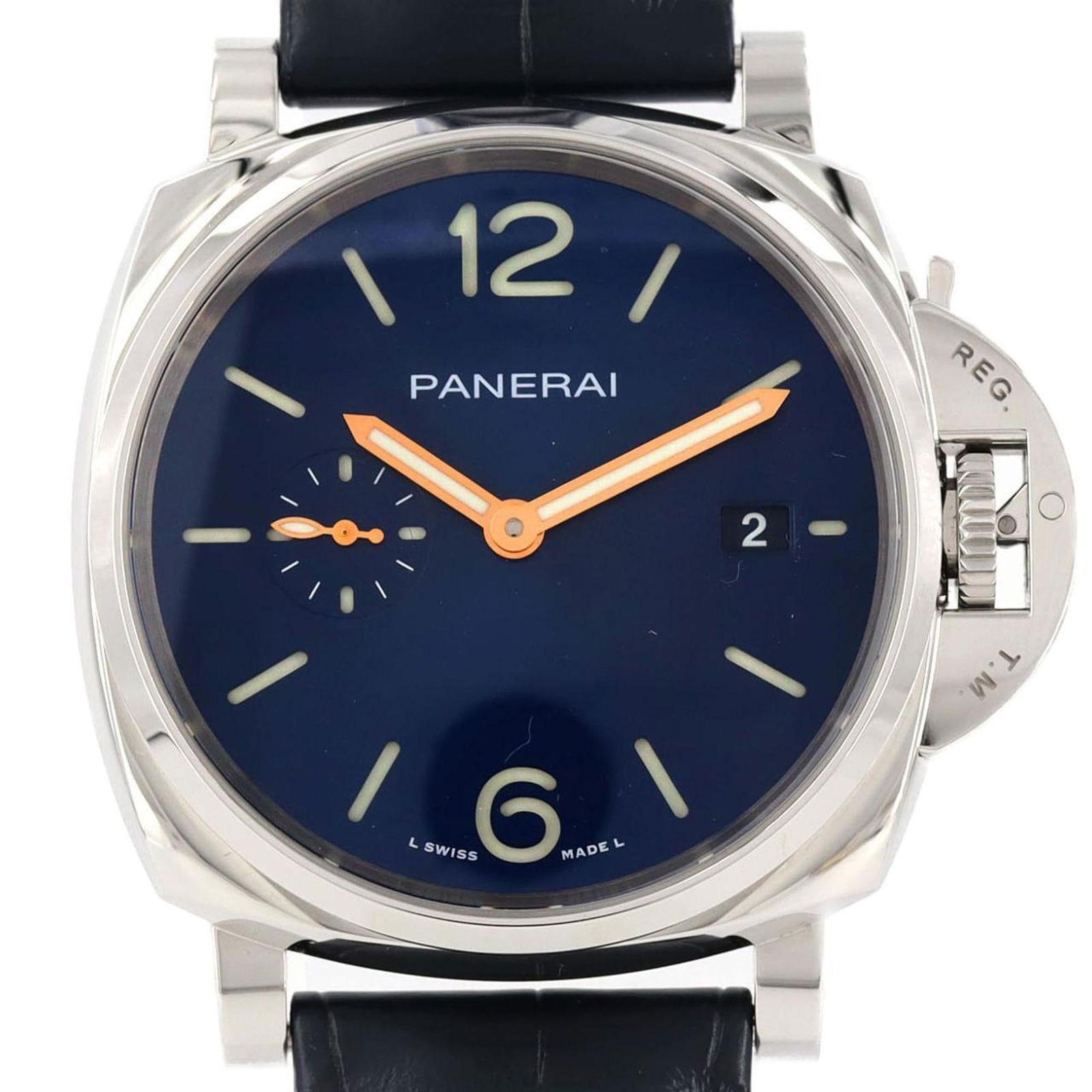 Blue Steel 42mm Panerai Luminor Men's Swiss Watch: Blue Steel 42mm Panerai Luminor Men's Swiss Watch This Panerai Luminor men's watch features a blue dial and is crafted from steel. Made in Switzerland, the watch measures 42mm (1.65 inches) in diamete