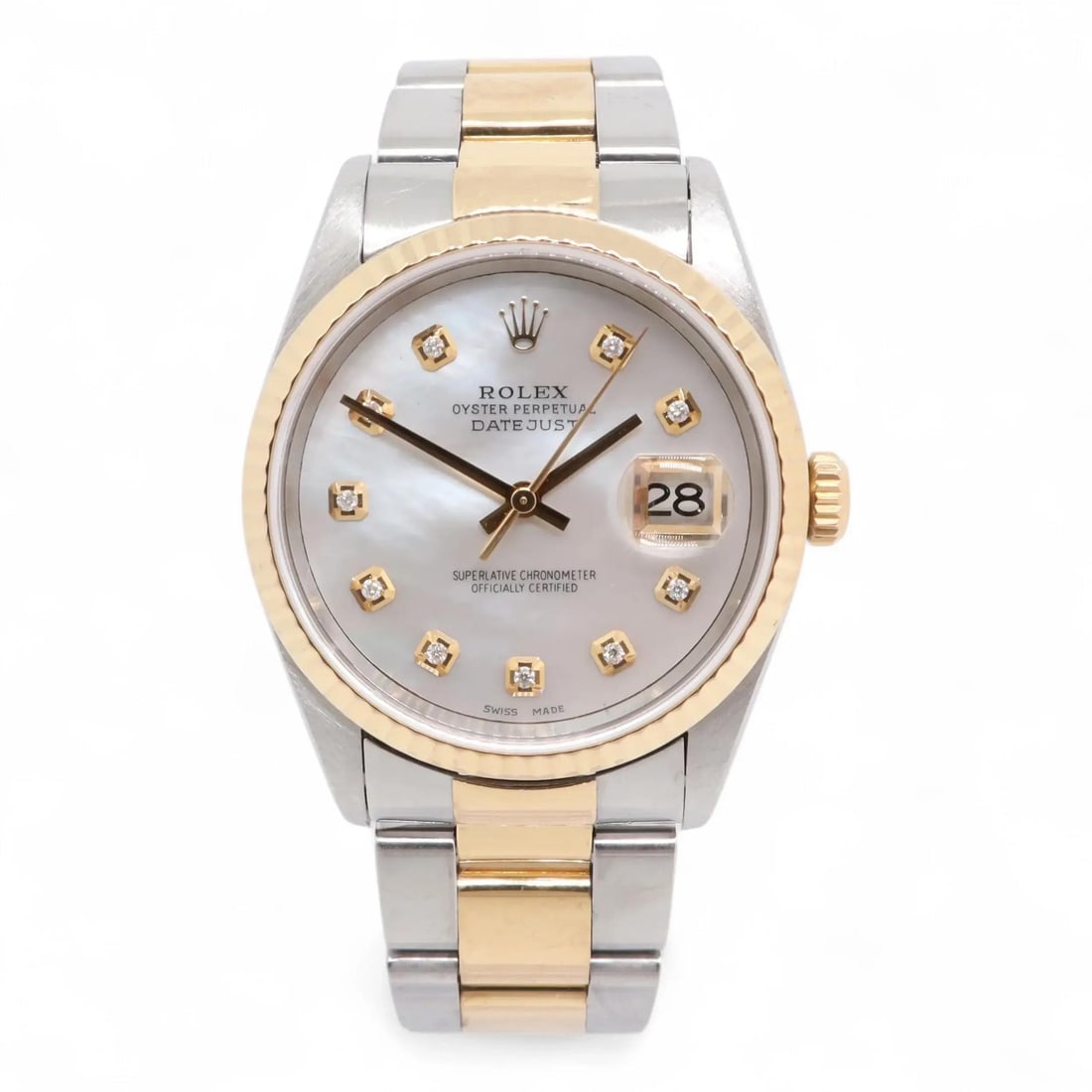 Rolex Datejust 36mm Custom Mother of Pearl Diamond Dial Mens Watch: Rolex Datejust 36mm Custom Mother of Pearl Diamond Dial Mens Watch This exquisite Rolex Datejust wristwatch features a 36mm case crafted from stainless steel and 18K yellow gold, showcasing a stunning