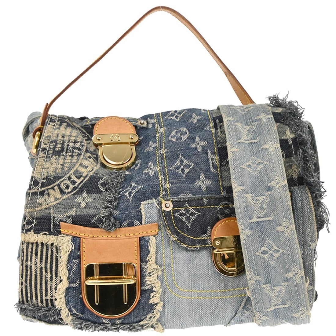 Louis Vuitton Postie Monogram Denim Patchwork Blue 2way Top Handle Bag M95374: Louis Vuitton Postie Monogram Denim Patchwork Blue 2way Top Handle Bag M95374 The Louis Vuitton Monogram Denim Patchwork Postie 2way handbag features a distinctive blue denim exterior with the iconic