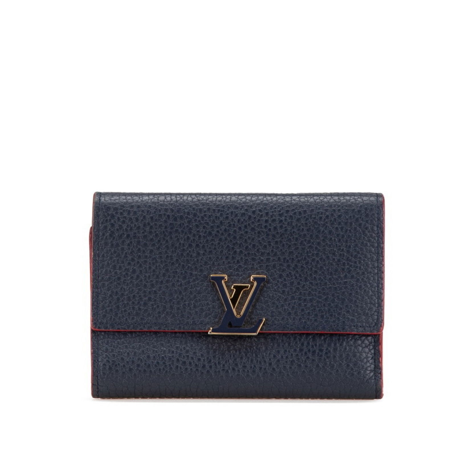 Capucines Navy Leather Wallet by Louis Vuitton: Capucines Navy Leather Wallet by Louis Vuitton This Louis Vuitton Capucines wallet for women features a navy leather exterior and is crafted in France. It shows traces of use with some scratches and m
