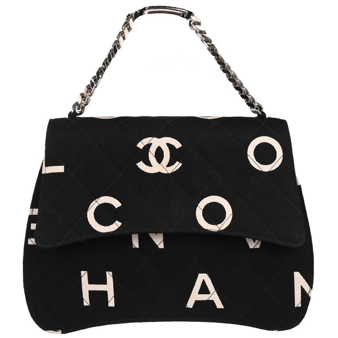 Chanel Black Canvas Tote Handbag with Silver Chain Handle: Chanel Black Canvas Tote Handbag with Silver Chain Handle This elegant Chanel Black Canvas Chain Handbag is a perfect blend of style and functionality. With a width of 9 inches and a height of 7 inche