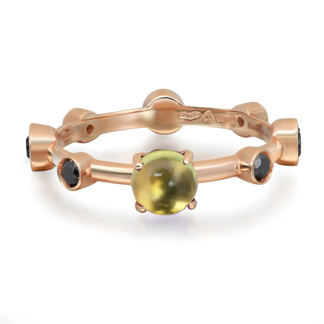 Damiani 18K Yellow Gold Peridot Black Diamond Band Ring 0.32ctw: Damiani 18K Yellow Gold Peridot Black Diamond Band Ring 0.32ctw This exquisite Damiani band ring showcases a stunning combination of round-cut green peridot and black diamonds, elegantly set in a pron