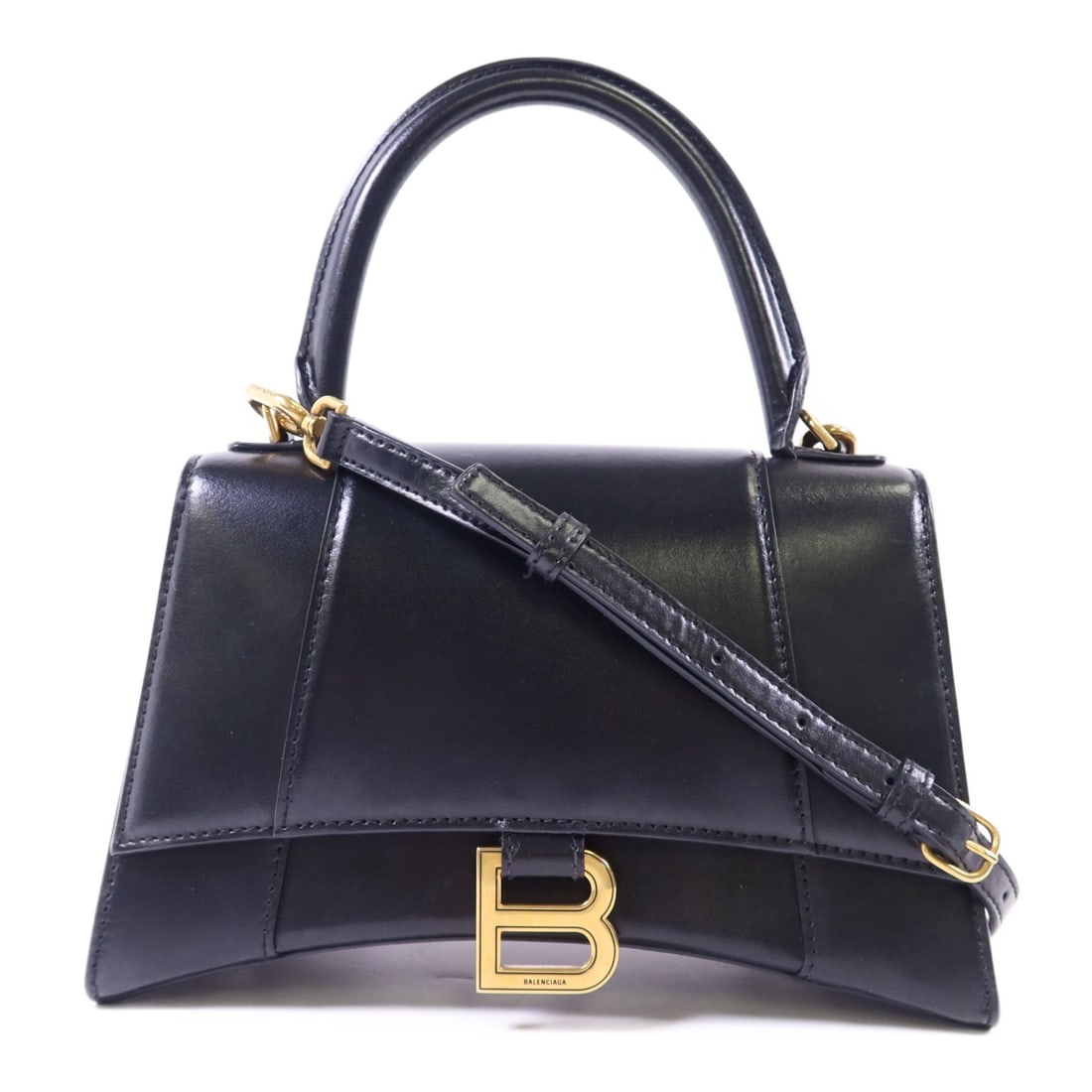 Balenciaga Hourglass Small Black Calfskin Top Handle Bag with Gold Hardware: Balenciaga Hourglass Small Black Calfskin Top Handle Bag with Gold Hardware This Balenciaga Hourglass Small Top Handle bag features a versatile 2-way shoulder design crafted from black calfskin leathe