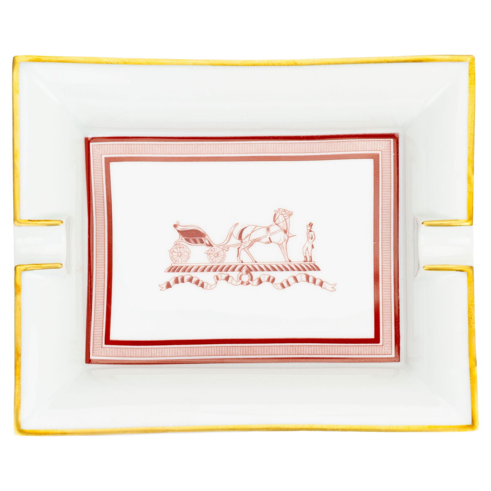 Hermes Porcelain Horse and Carriage Ashtray Red Mid-20th Century: Hermes Porcelain Horse and Carriage Ashtray Red Mid-20th Century This exquisite Hermes Horse and Carriage Ashtray is a stunning piece crafted from 100% porcelain, showcasing a vibrant red colorway dep