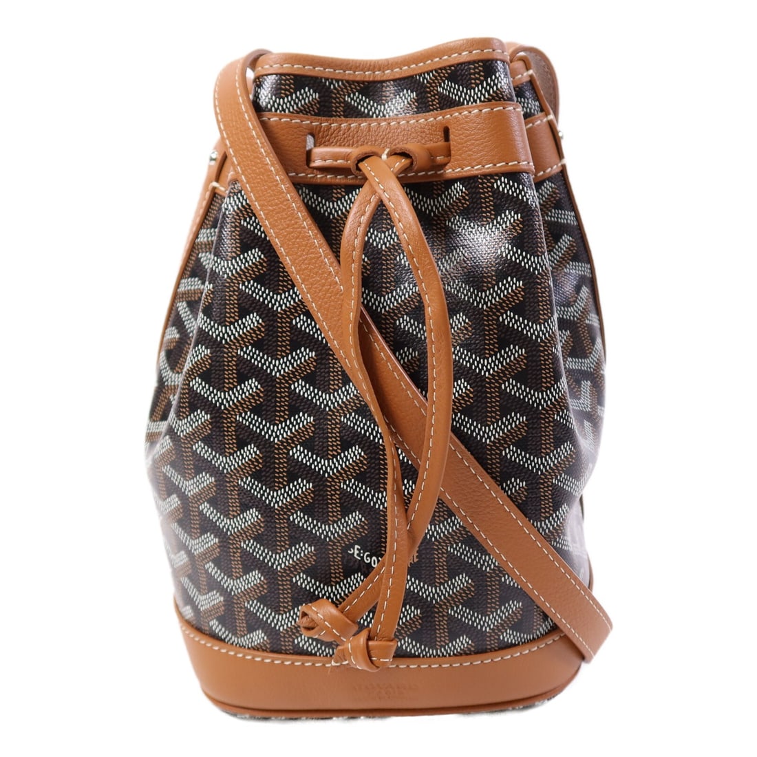 Goyard Petit Flot Brown Coated Canvas Shoulder Bag with Silver Tone Hardware: Goyard Petit Flot Brown Coated Canvas Shoulder Bag with Silver Tone Hardware This is a Goyard Petit Flot bucket shoulder bag crafted from brown PVC coated canvas. The bag features a regular size and i