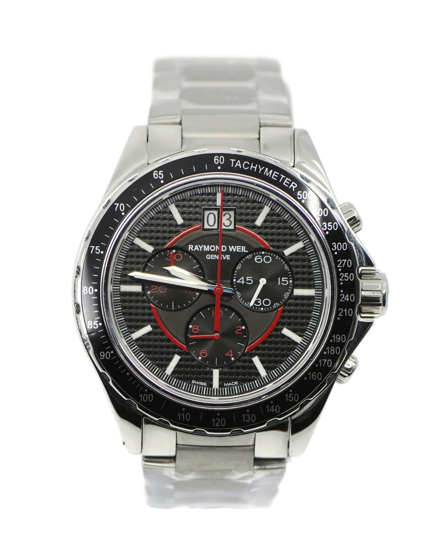 Raymond Weil Sport Chronograph Quartz Watch Stainless Steel 8520 Authentic: Raymond Weil Sport Chronograph Quartz Watch Stainless Steel 8520 Authentic Experience precision and style with the Raymond Weil Sport Chronograph Watch. This pre-owned wristwatch features a robust sta