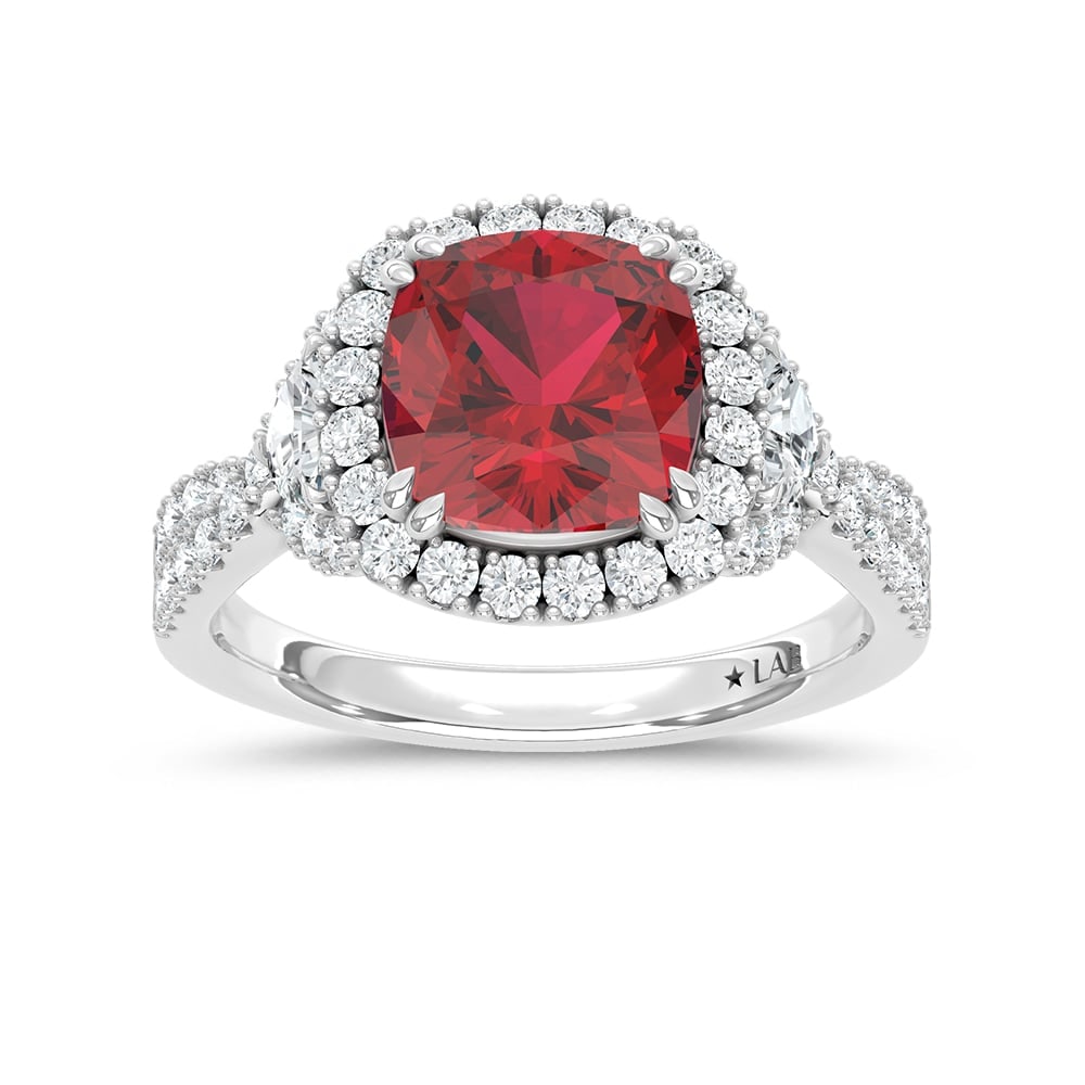 14K White Gold Lab Grown Diamond 3 5/8 Ct.Tw. Cushion Shape Recrystalized Ruby Engagement Ring: 14K White Gold Lab Grown Diamond 3 5/8 Ct.Tw. Cushion Shape Recrystalized Ruby Engagement Ring (Center 2 3/4 ct) Exude elegance with this 14K white gold engagement ring, featuring a dazzling 2 3/4 ct