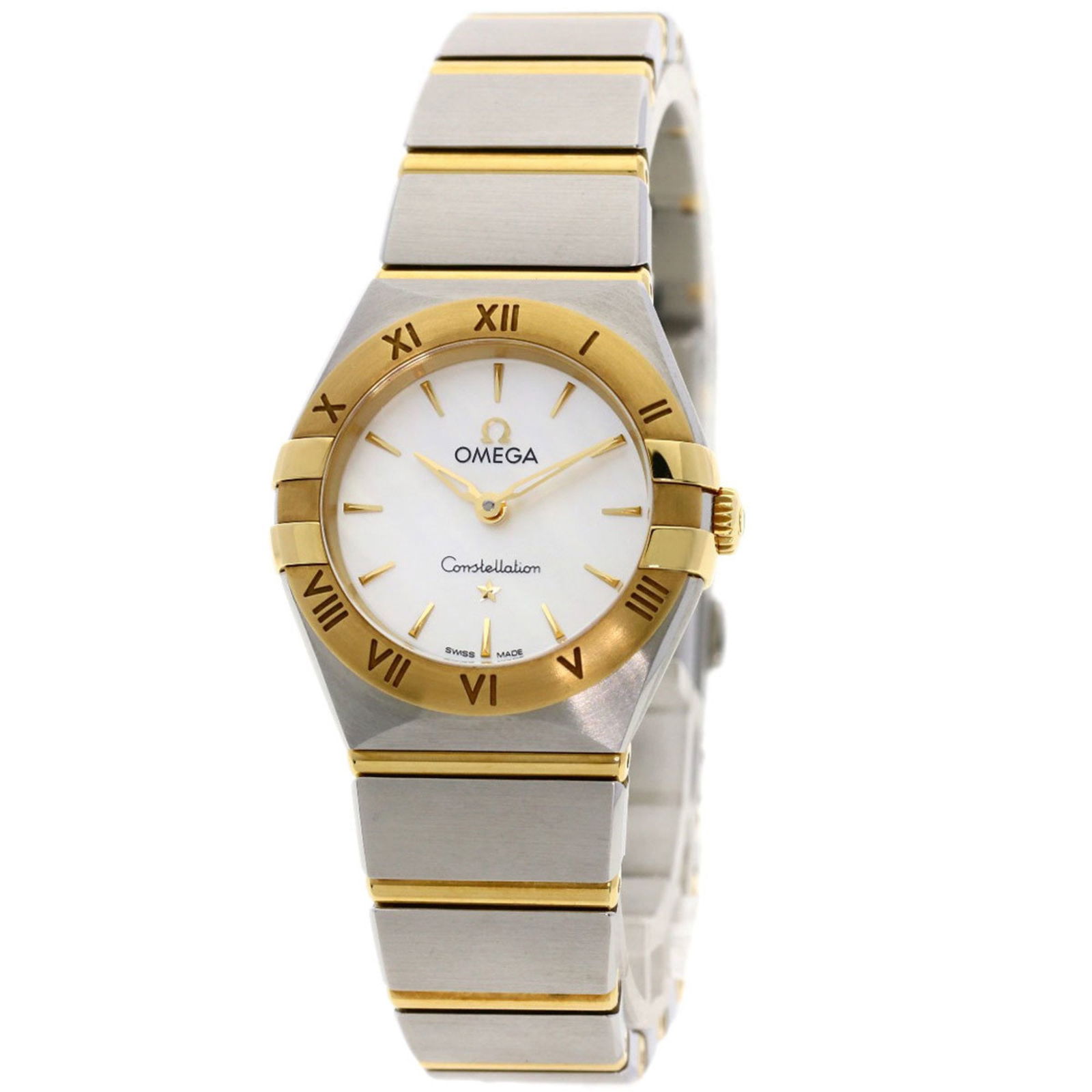 Gold and Steel Omega Constellation Women's Watch 25mm White Dial: Gold and Steel Omega Constellation Women's Watch 25mm White Dial This Omega Constellation women's watch features a gold and steel case with a white dial. The case diameter is 25mm and the wrist size i