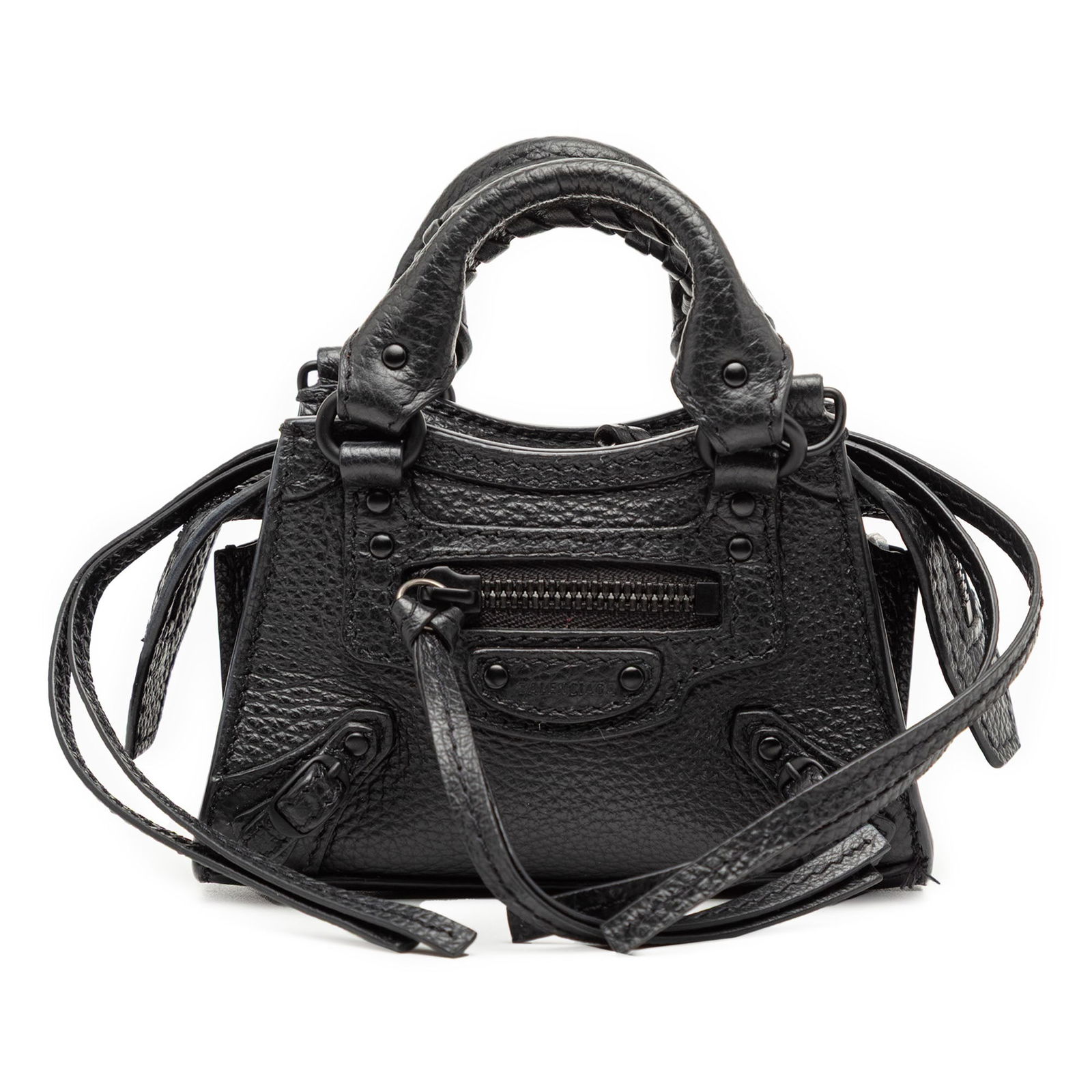 Balenciaga Neo Classic City Super Nano Black Leather Satchel Bag: Balenciaga Neo Classic City Super Nano Black Leather Satchel Bag This Balenciaga Super Nano Grained Calfskin Neo Classic City Satchel is crafted from black leather and features rolled leather handles,