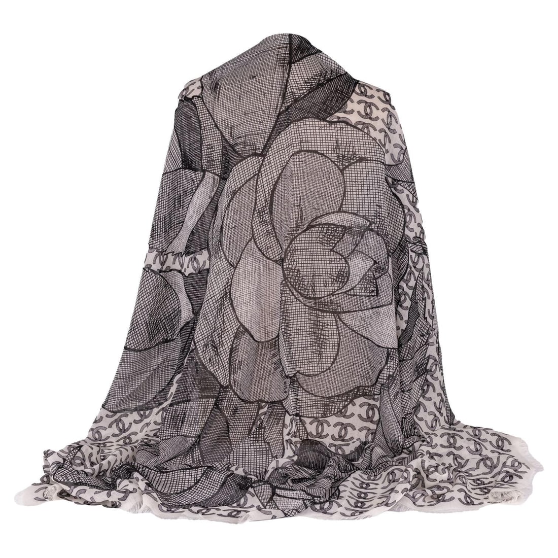 Chanel Cashmere Shawl Grey with Camellia and CC Logos: Chanel Cashmere Shawl Grey with Camellia and CC Logos Experience luxury with this Chanel Cashmere Shawl in a sophisticated grey hue. The shawl showcases an elegant pattern featuring a large Chanel cam