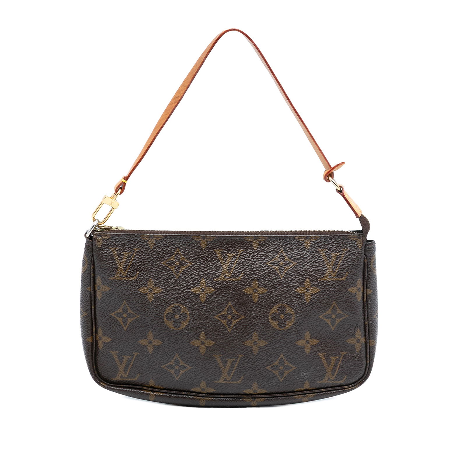 Louis Vuitton Pochette Accessoires Monogram Canvas Bag with Leather Strap: Louis Vuitton Pochette Accessoires Monogram Canvas Bag with Leather Strap This Louis Vuitton Pochette Accessoires features the classic monogram canvas body complemented by a flat vachetta leather stra
