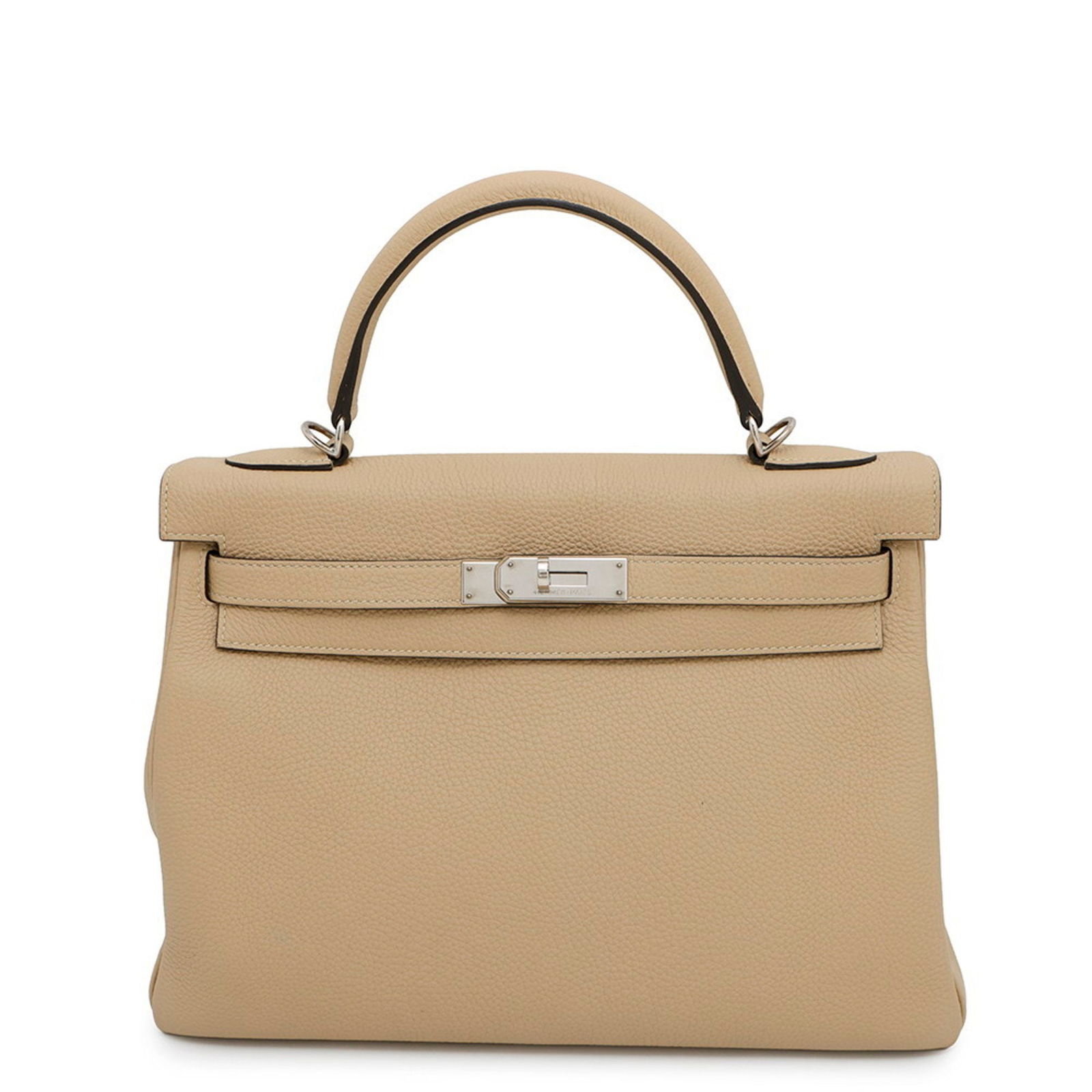 Beige Leather Kelly 32 Handbag by Hermes France: Beige Leather Kelly 32 Handbag by Hermes France This Hermes Kelly 32 handbag is crafted from beige leather and features a classic structured silhouette. Designed for women, it offers a sophisticated l
