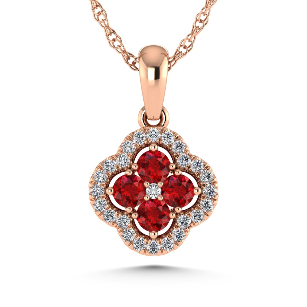 14K Rose Gold Diamond 5/8 Ct.Tw. and Ruby Clover Pendant: 14K Rose Gold Diamond 5/8 Ct.Tw. and Ruby Clover Pendant 14k Rose Gold Stone Color: G-h Stone Clarity: Si2 This item may take 2-5 weeks for shipping. PLEASE NOTE: Framed, Large, or heavy items do not