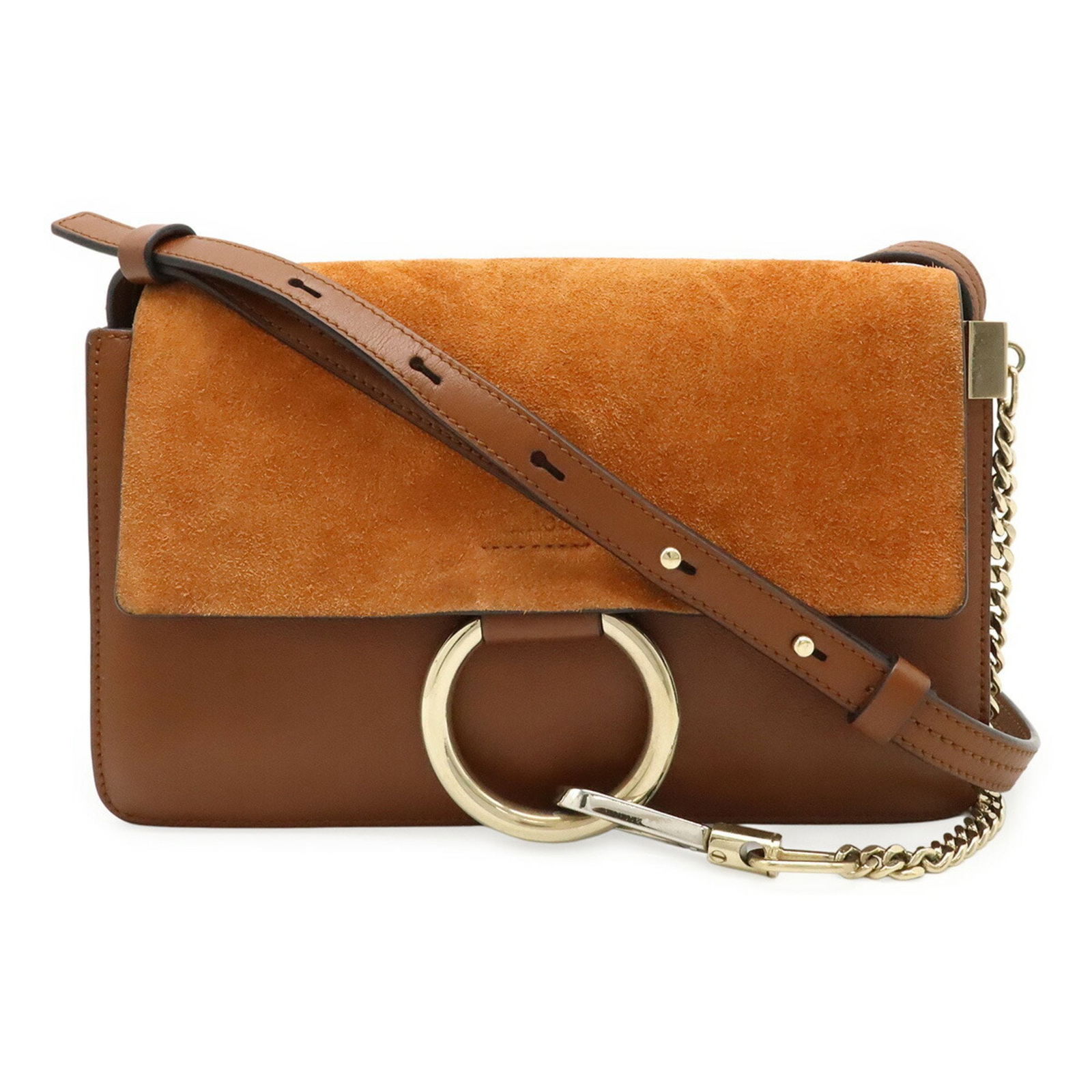 Brown Leather Chloe Faye Shoulder Bag Spain: Brown Leather Chloe Faye Shoulder Bag Spain Chloe Faye brown leather handbag featuring a compact design. The bag shows slight signs of wear, including minor scratches, slight cracking at the edges, so