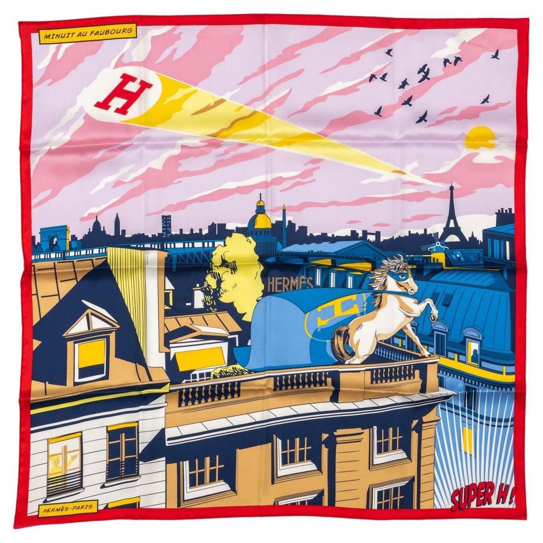 Hermes Minuit au Faubourg Silk Scarf Red 26.5 in New in Box: Hermes Minuit au Faubourg Silk Scarf Red 26.5 in New in Box Experience the elegance of the Hermes "Minuit au Faubourg" Silk Scarf, a stunning piece that celebrates the charm of Paris in a playful comi
