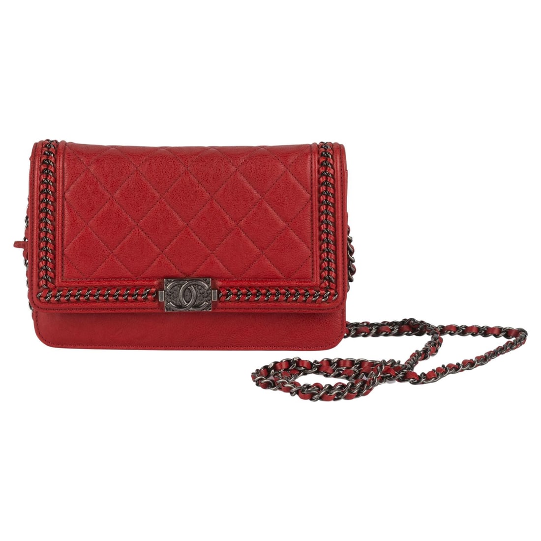 Chanel Red Caviar Quilted Boy Wallet On Chain with Ruthenium Strap: Chanel Red Caviar Quilted Boy Wallet On Chain with Ruthenium Strap Introducing the Chanel Chain Around Boy Wallet On Chain, a luxurious accessory crafted from diamond quilted caviar leather in a strik