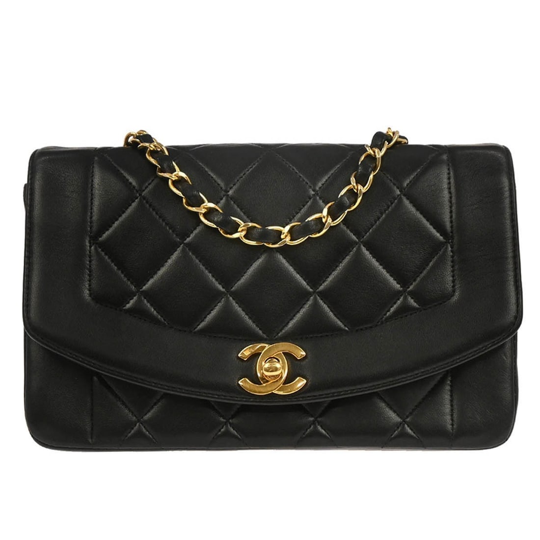 Small Chanel Diana Black Lambskin Quilted Shoulder Bag with Chain Strap: Small Chanel Diana Black Lambskin Quilted Shoulder Bag with Chain Strap This Chanel Diana small shoulder bag features luxurious black lambskin leather with a classic matelasse quilted pattern. Designe