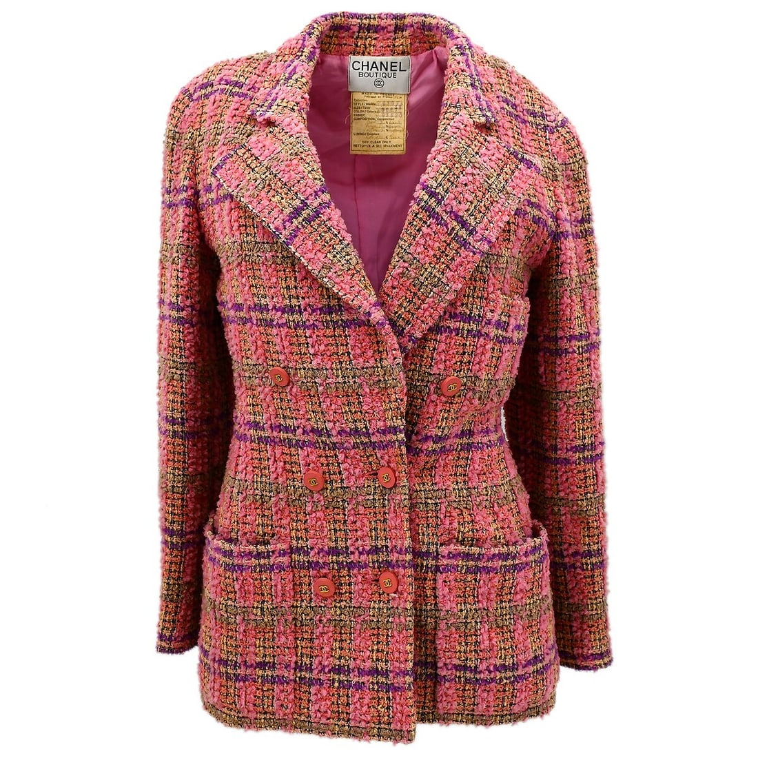 Chanel Vintage Pink Tweed Double Breasted Jacket #38: Chanel Vintage Pink Tweed Double Breasted Jacket #38 Elevate your wardrobe with this exquisite Chanel Double Breasted Jacket, crafted in a beautiful pink tweed. The jacket features a long sleeve desig