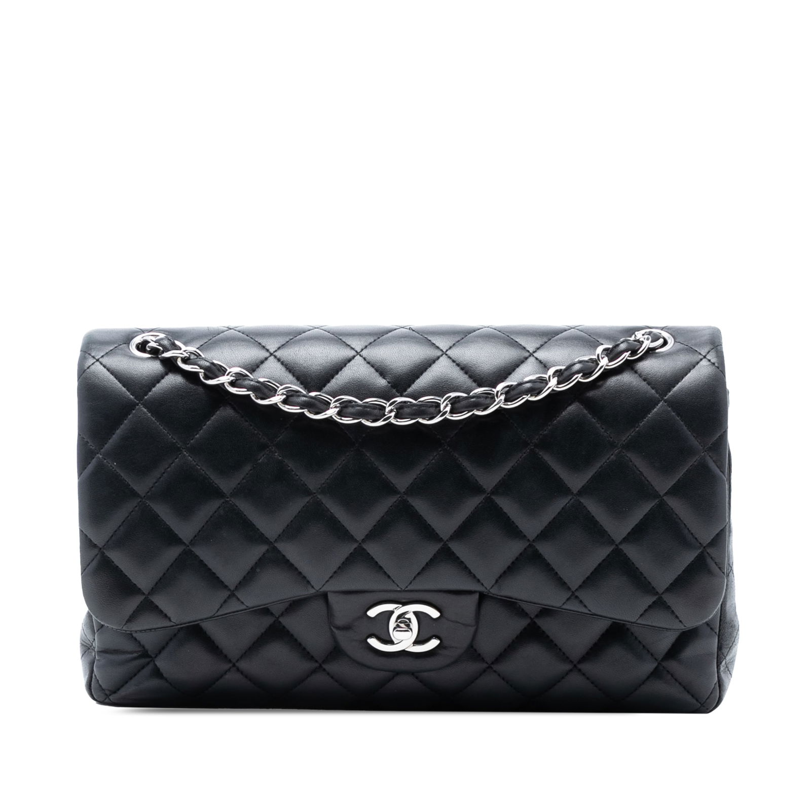 Black Chanel Jumbo Classic Double Flap Quilted Lambskin Shoulder Bag: Black Chanel Jumbo Classic Double Flap Quilted Lambskin Shoulder Bag This Chanel Jumbo Classic Lambskin Double Flap shoulder bag features a quilted lambskin leather body, leather-woven chain straps, d