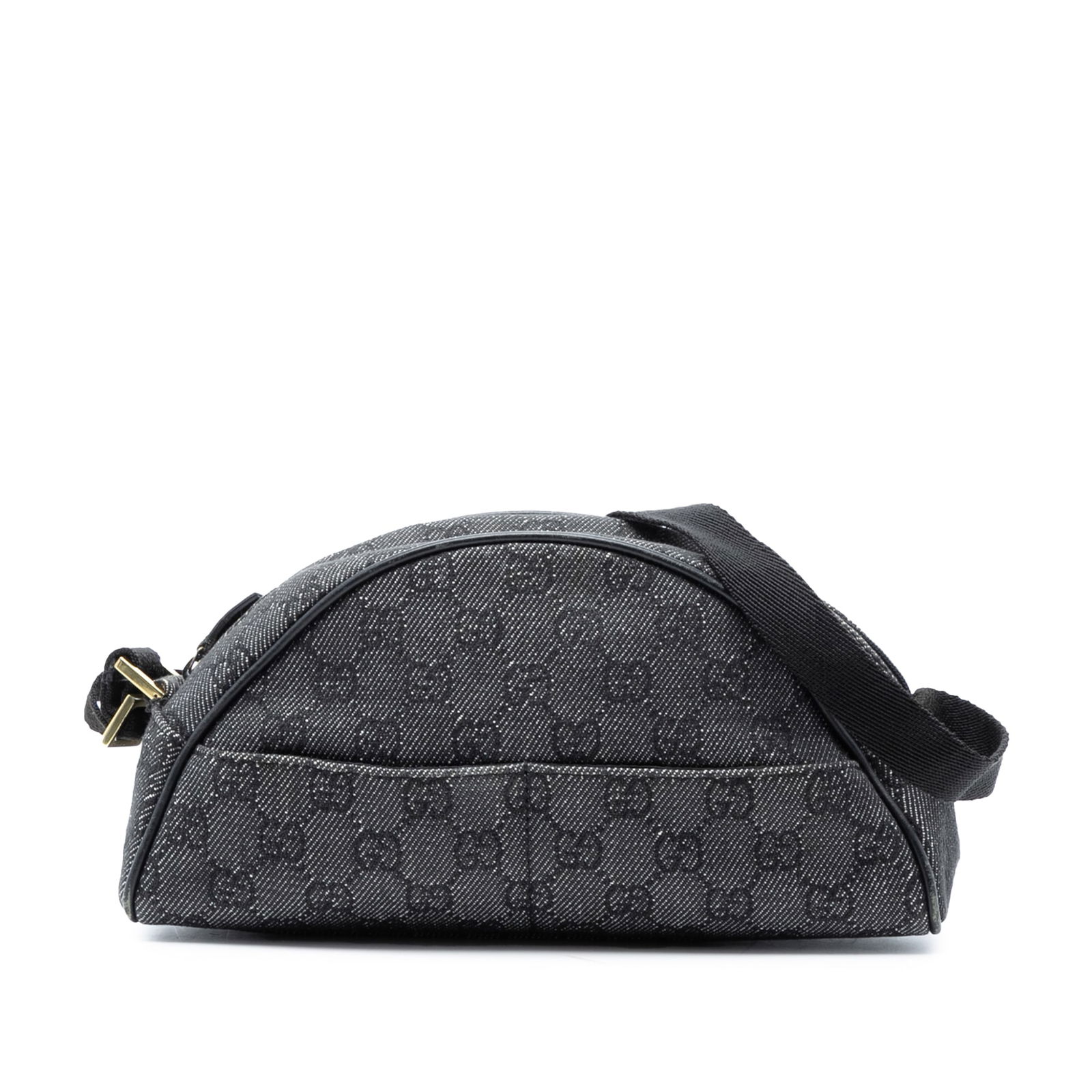 Gucci GG Denim Gray Fabric Shoulder Bag with Flat Strap and Slip Pockets: Gucci GG Denim Gray Fabric Shoulder Bag with Flat Strap and Slip Pockets This Gucci GG Denim Shoulder Bag features a gray denim body, a flat strap, top zip closure, and exterior slip pockets. The bag
