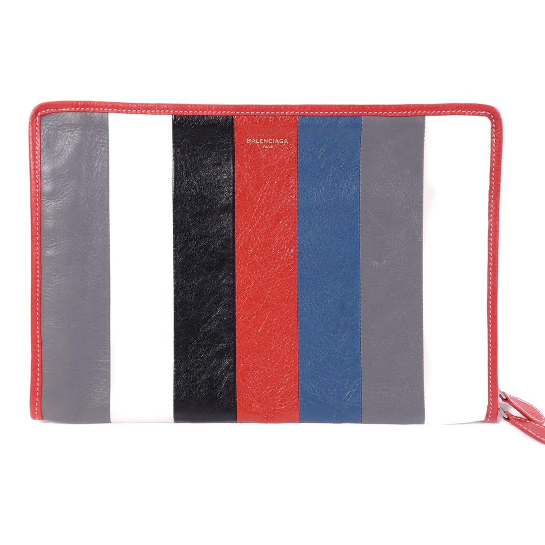 Balenciaga Multicolor Calfskin Leather Clutch Silver Hardware 443658.1175: Balenciaga Multicolor Calfskin Leather Clutch Silver Hardware 443658.1175 This Balenciaga clutch is crafted from multicolor calfskin leather and features a sleek, regular-sized design. Made in France,