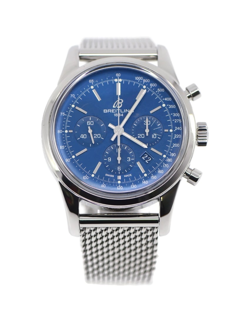 Breitling Transocean Chronograph Automatic Blue Dial Watch AB0151 with Box and Papers: Breitling Transocean Chronograph Automatic Blue Dial Watch AB0151 with Box and Papers Experience the elegance of the Breitling Transocean Chronograph, a stunning stainless steel wristwatch crafted for