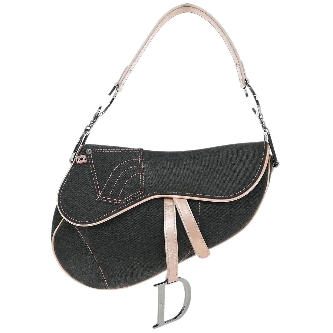 Christian Dior Gray Pink Denim Saddle Bag 01RU 1003 Italy: Christian Dior Gray Pink Denim Saddle Bag 01RU 1003 Italy This Christian Dior Saddle Handbag features a stylish combination of gray and pink denim leather, making it a chic accessory for any outfit. D