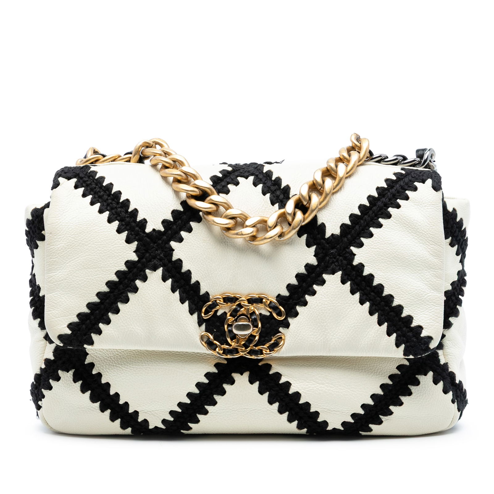 Chanel 19 Medium Flap Bag in Quilted Calfskin with Crochet Detailing: Chanel 19 Medium Flap Bag in Quilted Calfskin with Crochet Detailing This Chanel Medium 19 Flap bag showcases a quilted calf leather body with distinctive crochet stitching details. It features a curb