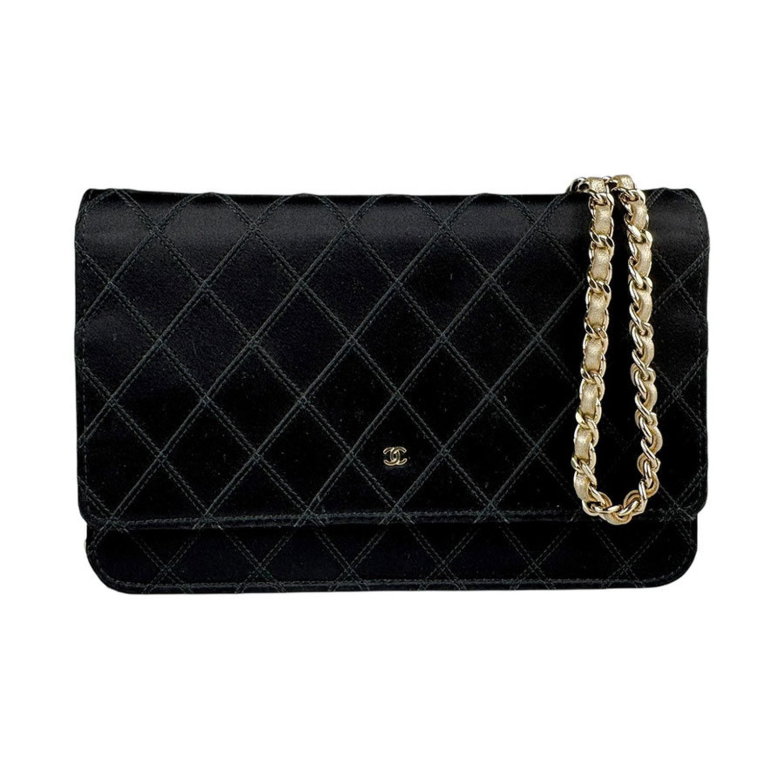 Black Silk Chanel Wallet On Chain Bag: Black Silk Chanel Wallet On Chain Bag This Chanel Wallet On Chain is crafted from black silk and designed for women. It features a sleek silhouette with minor signs of wear, including slight scratches
