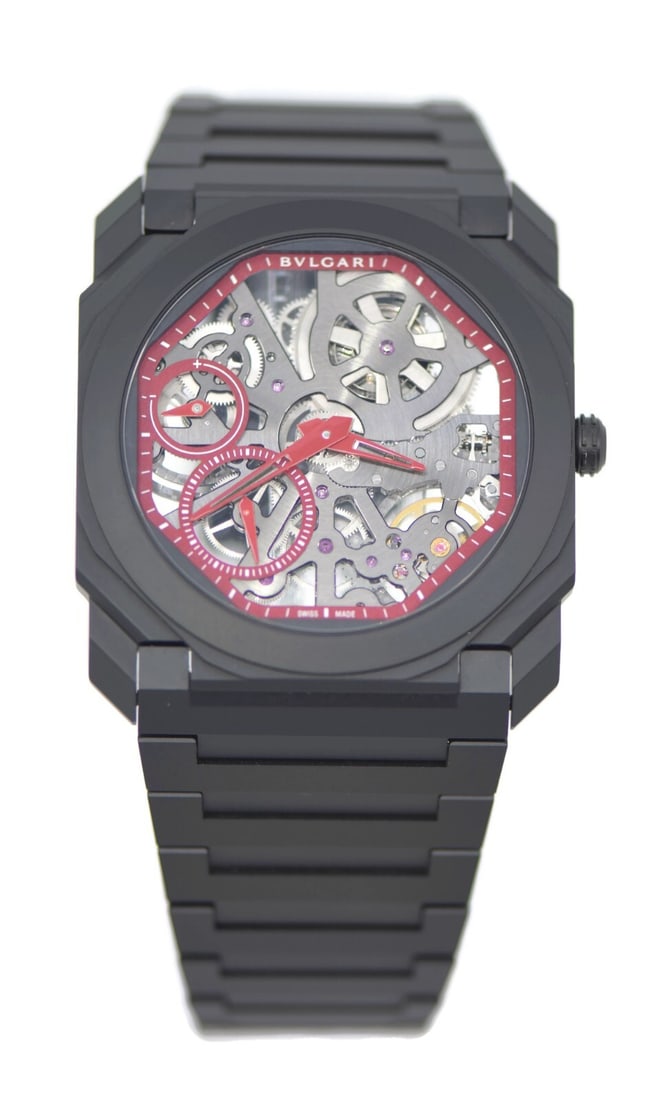 Bvlgari Octo Finissimo Skeleton Black Red Ceramic Watch 40mm 103527: Bvlgari Octo Finissimo Skeleton Black Red Ceramic Watch 40mm 103527 Discover the sophistication of the Bvlgari Octo Finissimo Skeleton Watch. This elegant wristwatch features a striking black and red