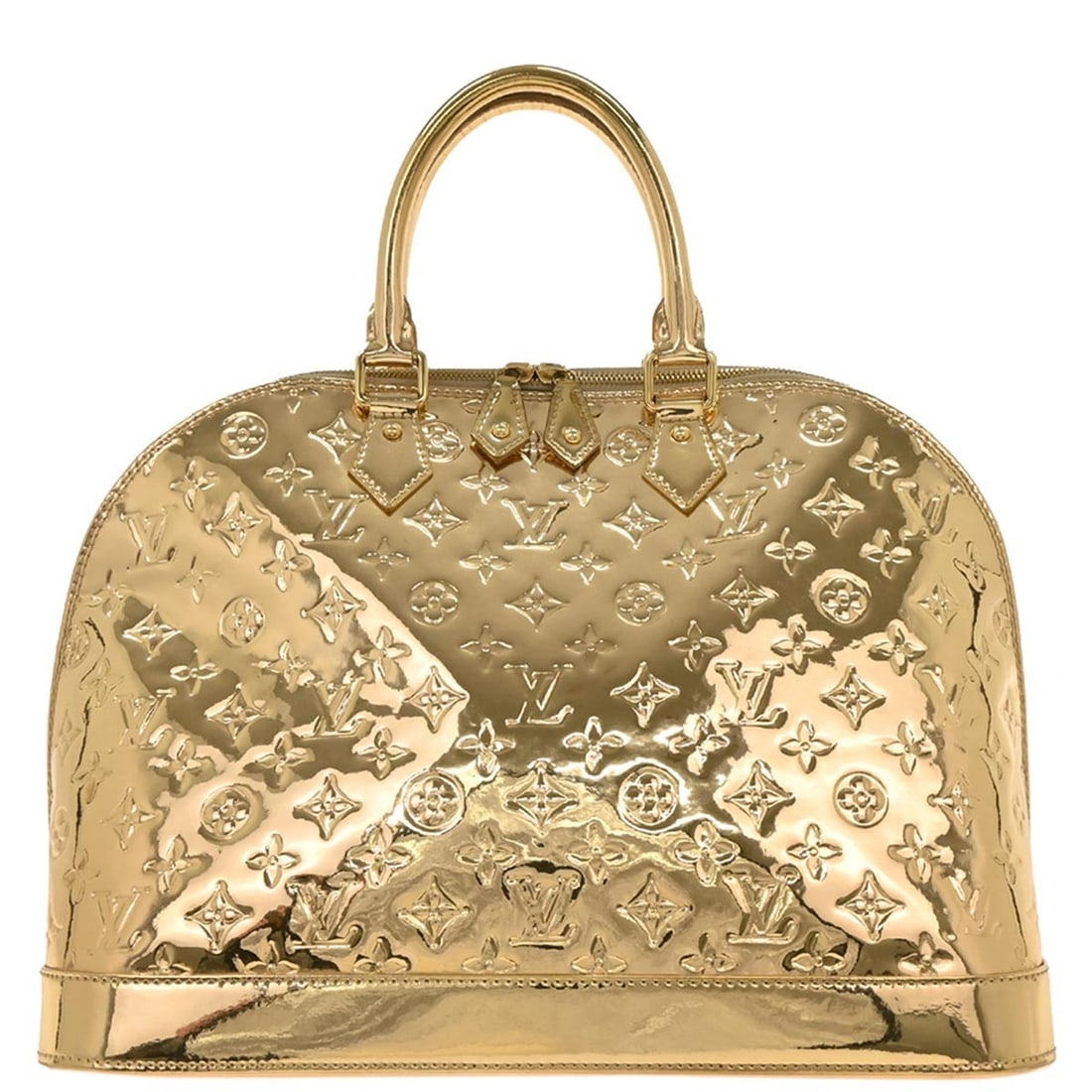 Louis Vuitton Alma MM Gold Monogram Miroir Handbag M93624: Louis Vuitton Alma MM Gold Monogram Miroir Handbag M93624 Elevate your accessory collection with the Louis Vuitton Gold Monogram Miroir Alma MM Handbag, featuring a stunning gold exterior made from du
