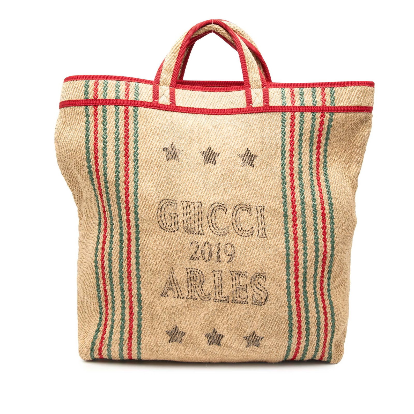 Gucci Jute Arles Printed Tote Bag Brown Italy: Gucci Jute Arles Printed Tote Bag Brown Italy The Gucci Jute Arles Printed Tote is a stylish and functional accessory, crafted from natural jute material. This tote features a spacious open top design