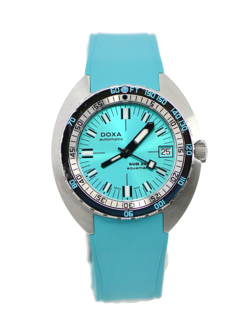 Doxa Aquamarine 804.10.241 Automatic Stainless Steel Wristwatch with Blue Dial: Doxa Aquamarine 804.10.241 Automatic Stainless Steel Wristwatch with Blue Dial This Doxa Aquamarine wristwatch features a stainless steel case and a blue analog dial. It operates with a mechanical aut