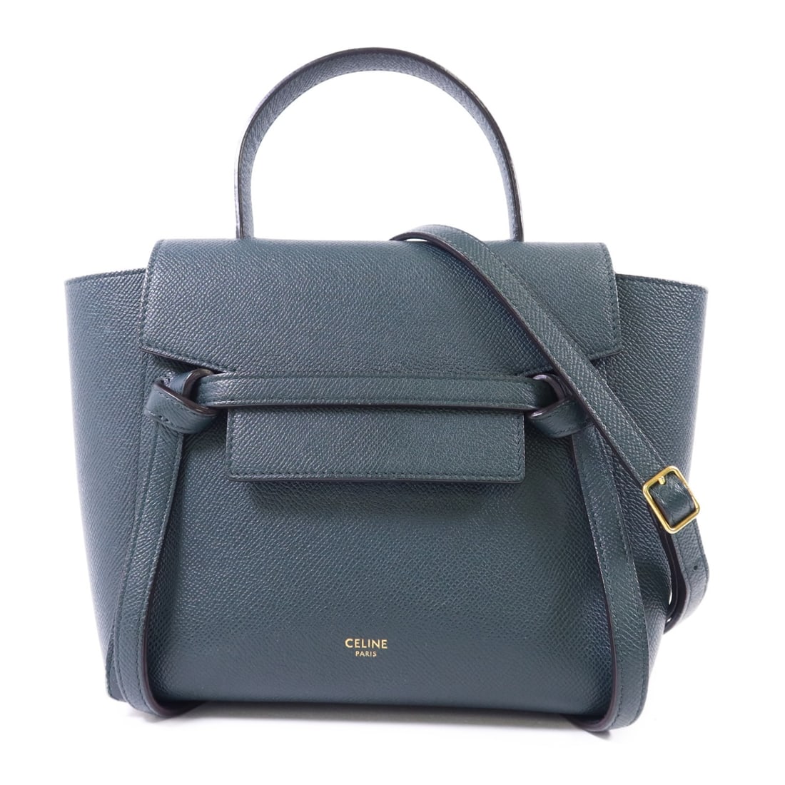 Celine Nano Belt Green Calfskin Leather Two Way Shoulder Handbag with GHW: Celine Nano Belt Green Calfskin Leather Two Way Shoulder Handbag with GHW This is a CELINE Nano Belt Bag designed for versatile use as a 2-way shoulder bag. Crafted from green calfskin leather, it fea