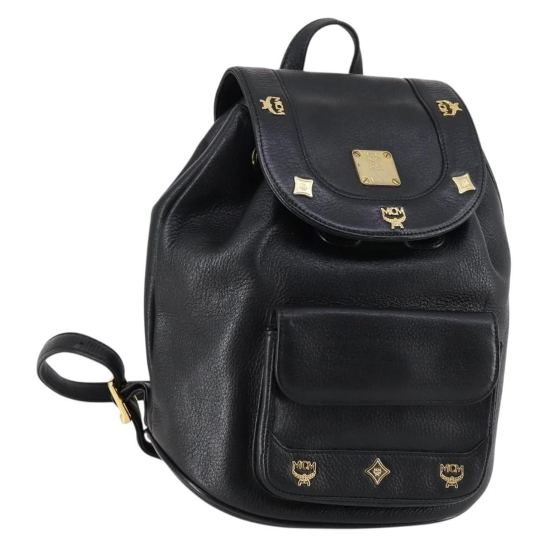 MCM Studs Leather Backpack Black Gold Authentic A5165: MCM Studs Leather Backpack Black Gold Authentic A5165 This MCM Studs Backpack is a chic and stylish accessory crafted from high-quality leather in a striking black and gold color combination. The back