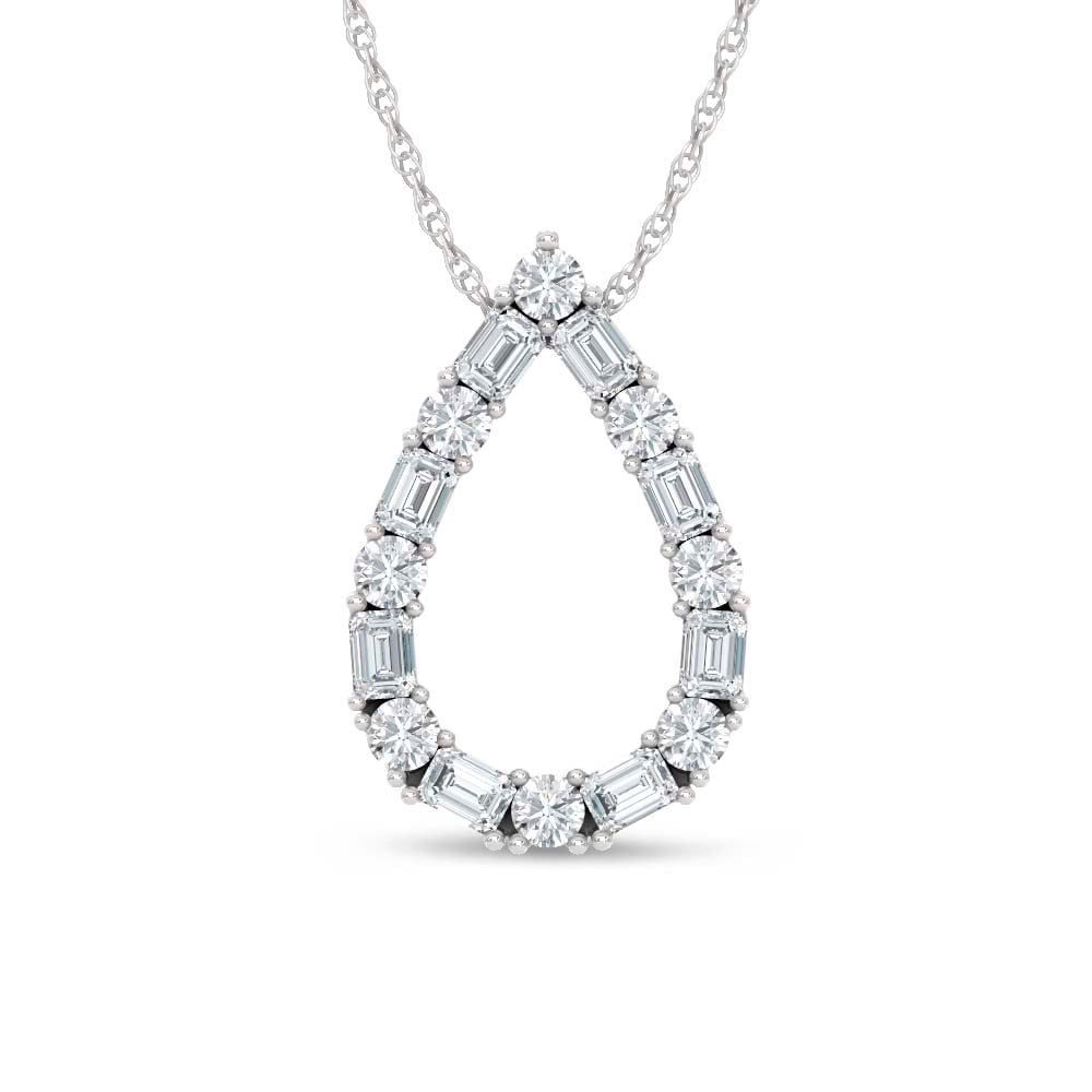 14K White Gold Lab Grown Diamond Round and Tapper 2 Ct.Tw. Pear Shape Pendant: 14K White Gold Lab Grown Diamond Round and Tapper 2 Ct.Tw. Pear Shape Pendant Crafted in luminous 14K white gold, this pear-shaped pendant showcases round and tapered lab-grown diamonds totaling 2 car