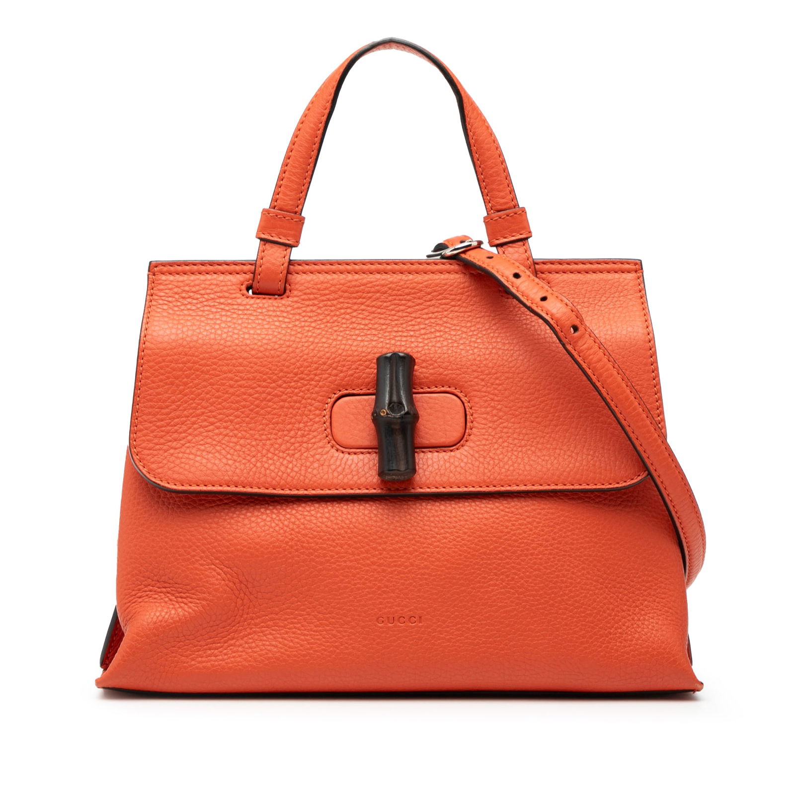 Gucci Bamboo Daily Small Orange Leather Satchel with Detachable Strap: Gucci Bamboo Daily Small Orange Leather Satchel with Detachable Strap This Gucci Small Leather Bamboo Daily Satchel features an orange leather body with a flat top handle and a detachable flat leather