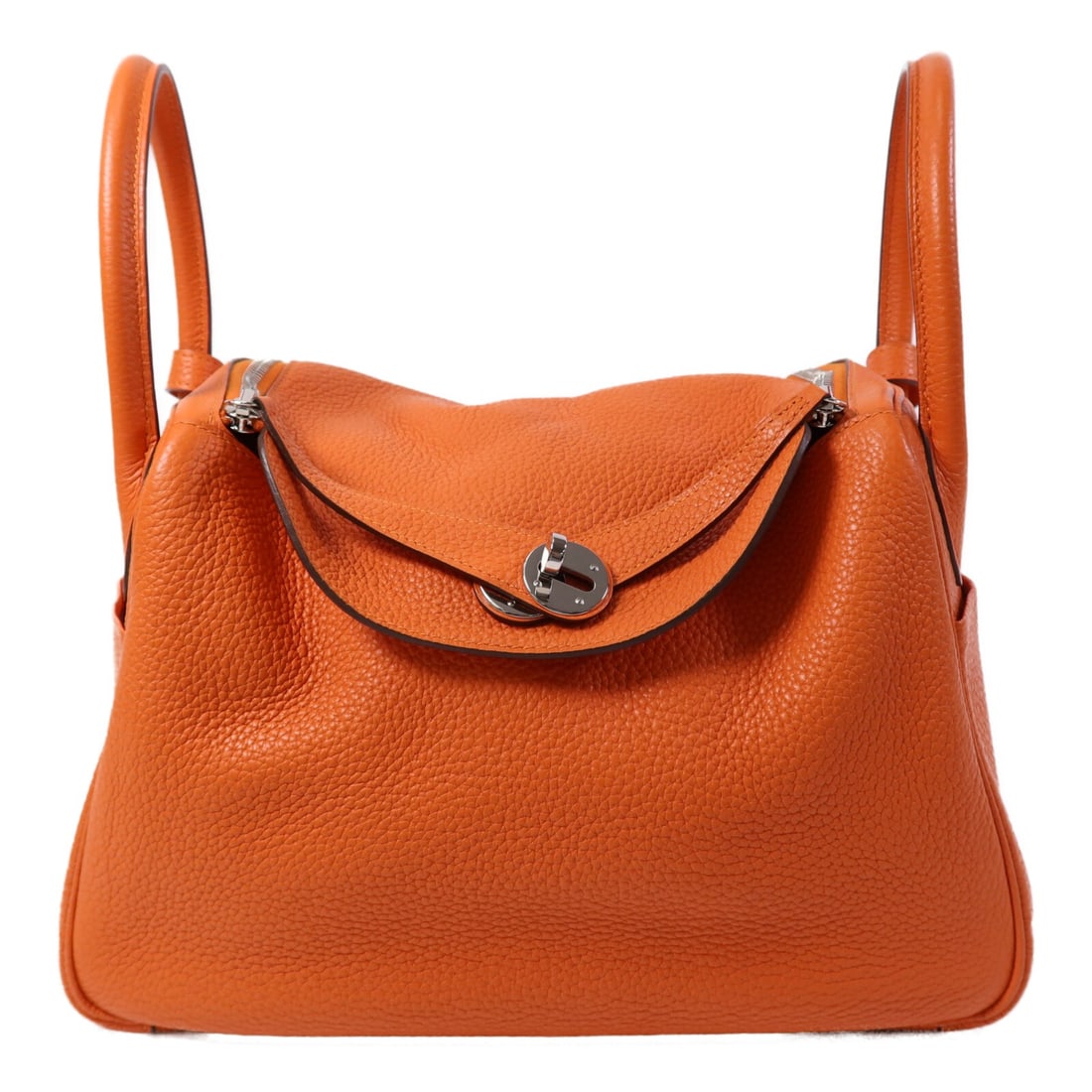 HERMES Lindy 30 2 Way Shoulder Bag Taurillon Clemence Leather Orange: HERMES Lindy 30 2 Way Shoulder Bag Taurillon Clemence Leather Orange Introducing the HERMES Lindy 30 2 Way Shoulder Bag, crafted from luxurious Taurillon Clemence leather in a striking orange hue. Thi