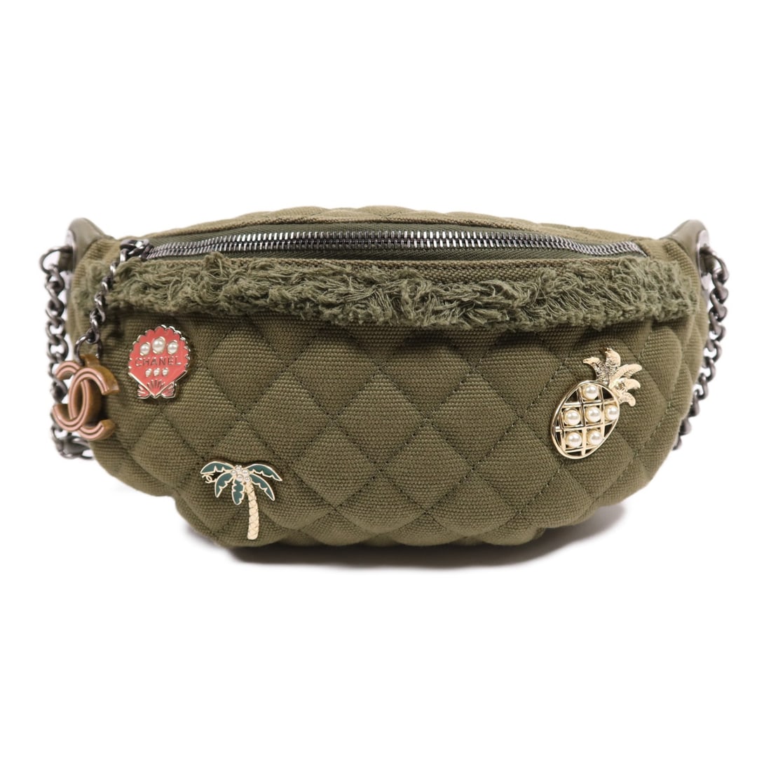 Green Canvas CHANEL Waist Bag Model A98617 with Silver Hardware: Green Canvas CHANEL Waist Bag Model A98617 with Silver Hardware This CHANEL waist bag features a green canvas exterior and offers a stylish way to carry your essentials. Crafted in France, the bag is
