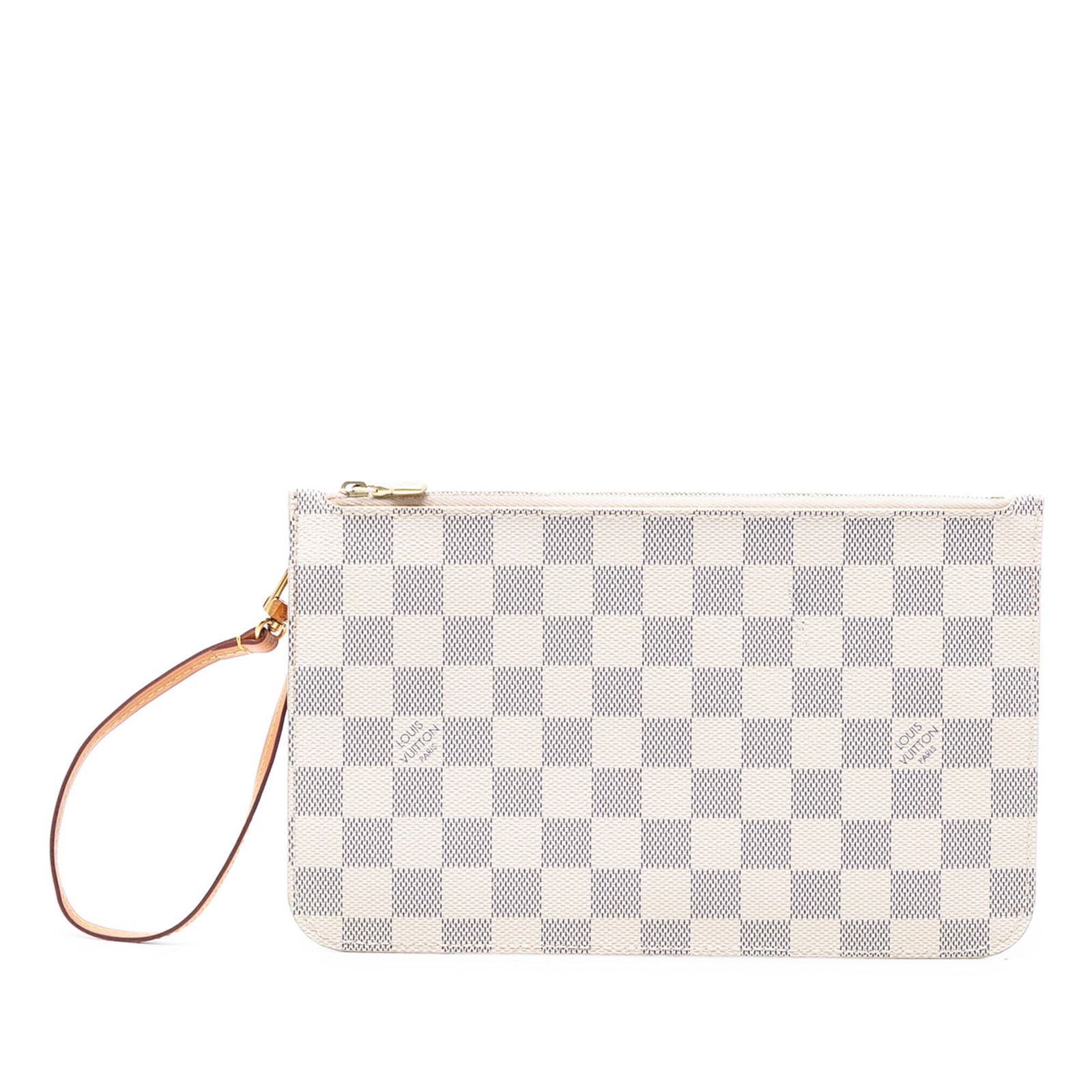 Neverfull MM Pouch in Damier Azur Canvas with Vachetta Leather Strap: Neverfull MM Pouch in Damier Azur Canvas with Vachetta Leather Strap This Louis Vuitton Damier Azur Neverfull MM Pouch features a Damier Azur canvas body with a flat vachetta leather wrist strap, a to