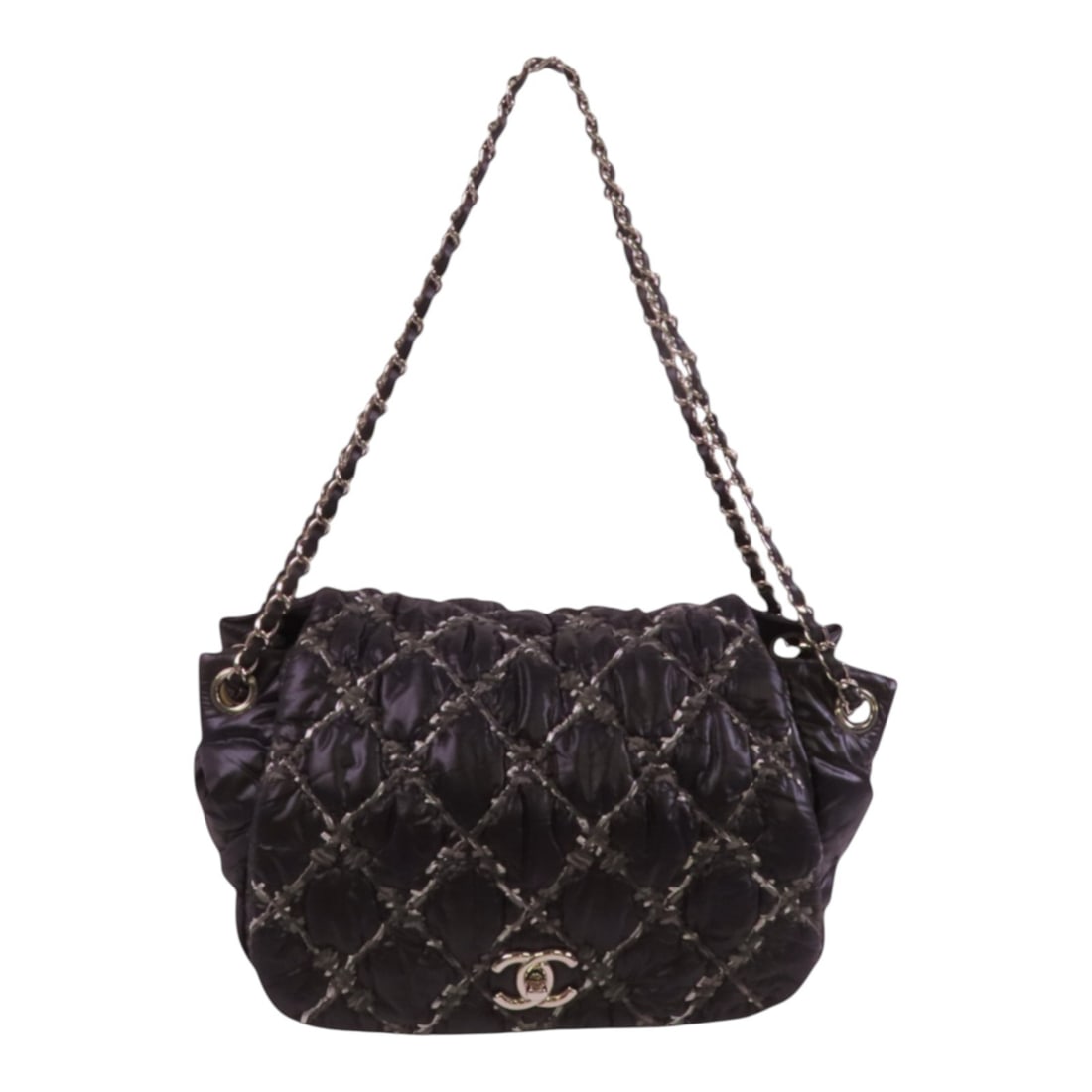 CHANEL Black Nylon CC Shoulder Bag with Silver Hardware: CHANEL Black Nylon CC Shoulder Bag with Silver Hardware This Chanel CC Shoulder Bag combines elegance with practicality, featuring a sleek black nylon exterior that is both durable and stylish. Design