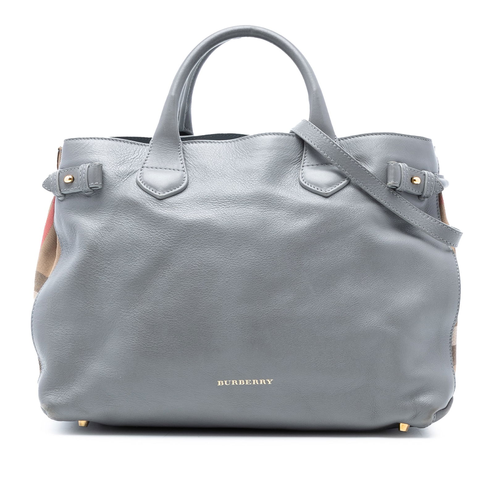 Burberry Banner Satchel Medium Gray Leather with House Check Canvas Trim: Burberry Banner Satchel Medium Gray Leather with House Check Canvas Trim This Burberry Medium Leather and House Check Banner Satchel features a leather body with signature house check canvas trim, rol
