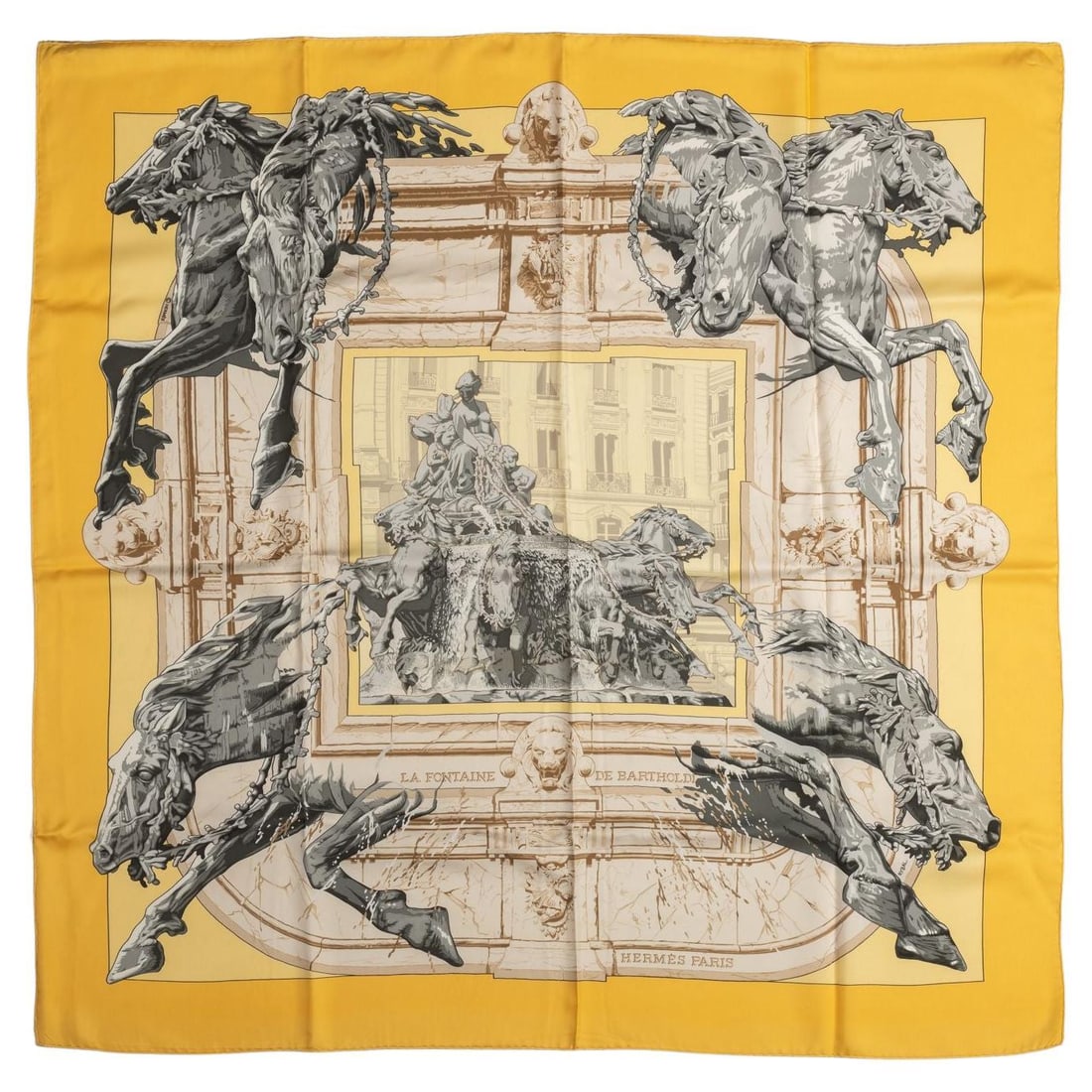 Hermes La Fontaine Silk Scarf Gold Silver Grey 35 in with Box: Hermes La Fontaine Silk Scarf Gold Silver Grey 35 in with Box This exquisite Hermes La Fontaine silk scarf features a stunning gold base adorned with intricate silver and grey details. Crafted in Fran