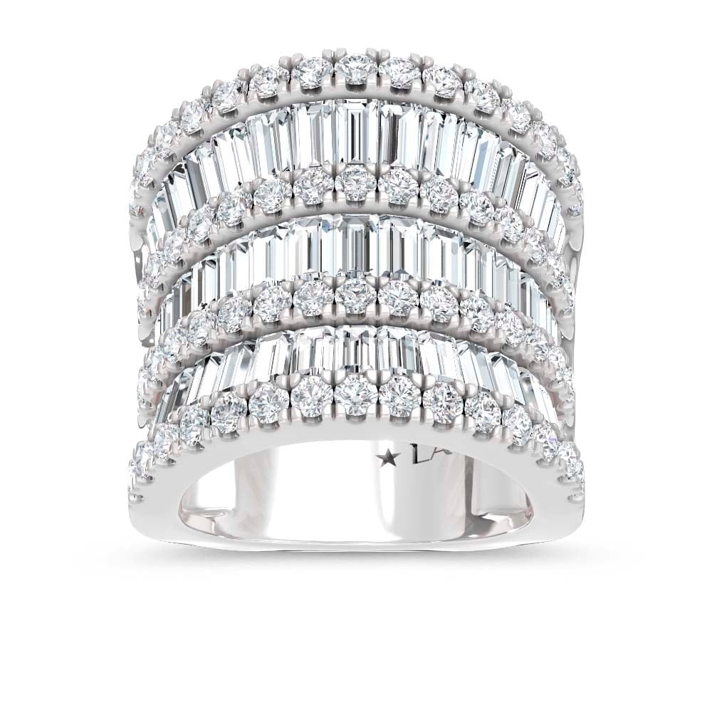 14K White Gold Lab Grown Diamond Round and Tapper 5 Ct.Tw. Round and Tapper Fashion Band: 14K White Gold Lab Grown Diamond Round and Tapper 5 Ct.Tw. Round and Tapper Fashion Band This striking 14K White Gold fashion ring is adorned with round and tapered lab grown diamonds totaling 5 Ct.Tw