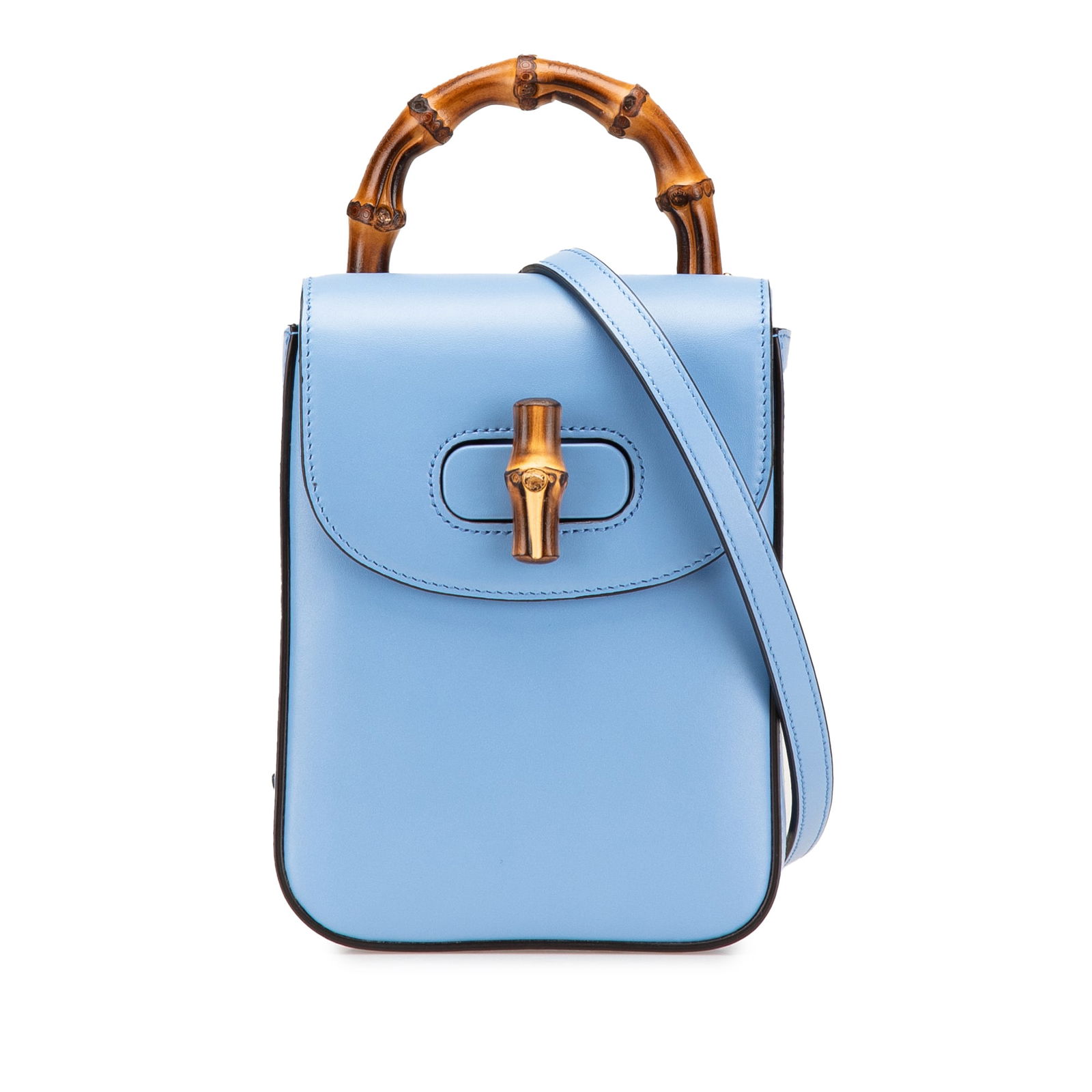 Gucci Mini Calfskin Bamboo Blue Satchel with Bamboo Handle: Gucci Mini Calfskin Bamboo Blue Satchel with Bamboo Handle Elevate your accessory collection with the Gucci Mini Calfskin Bamboo Top Handle Bag. This stylish satchel is crafted from high-quality calfs