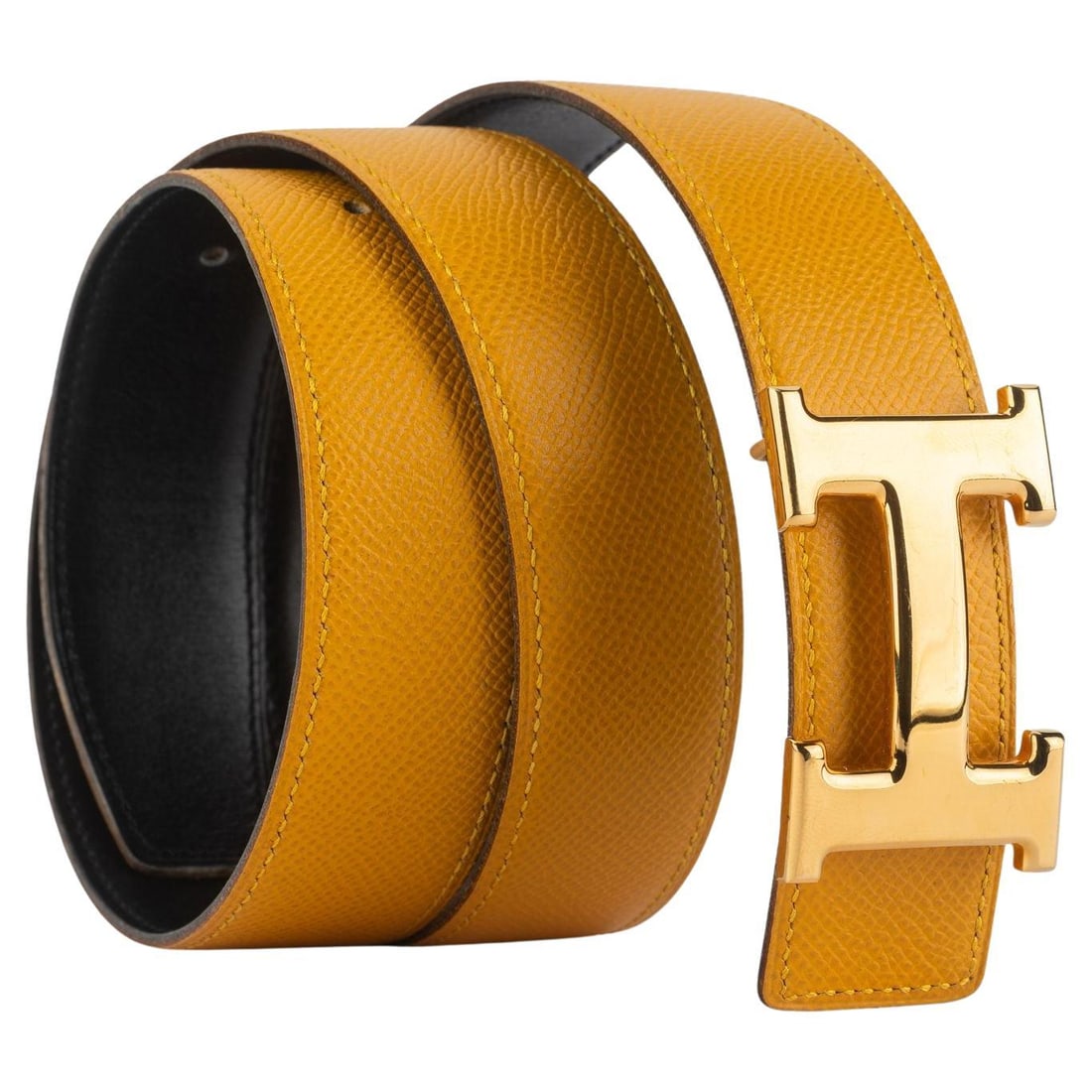 Hermes Reversible H Belt Black Yellow Leather Gold Buckle: Hermes Reversible H Belt Black Yellow Leather Gold Buckle This exquisite Hermes Reversible H Belt offers versatility and style, featuring a dual-sided design with one side in classic black leather and