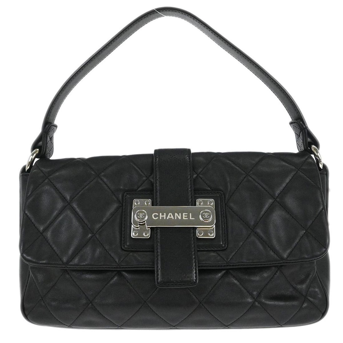 Black Lambskin Top Handle Leather Bag with Magnetic Closure by Chanel: Black Lambskin Top Handle Leather Bag with Magnetic Closure by Chanel This Chanel handbag features luxurious black lambskin leather and a distinctive door latch closure. Designed in a medium size with